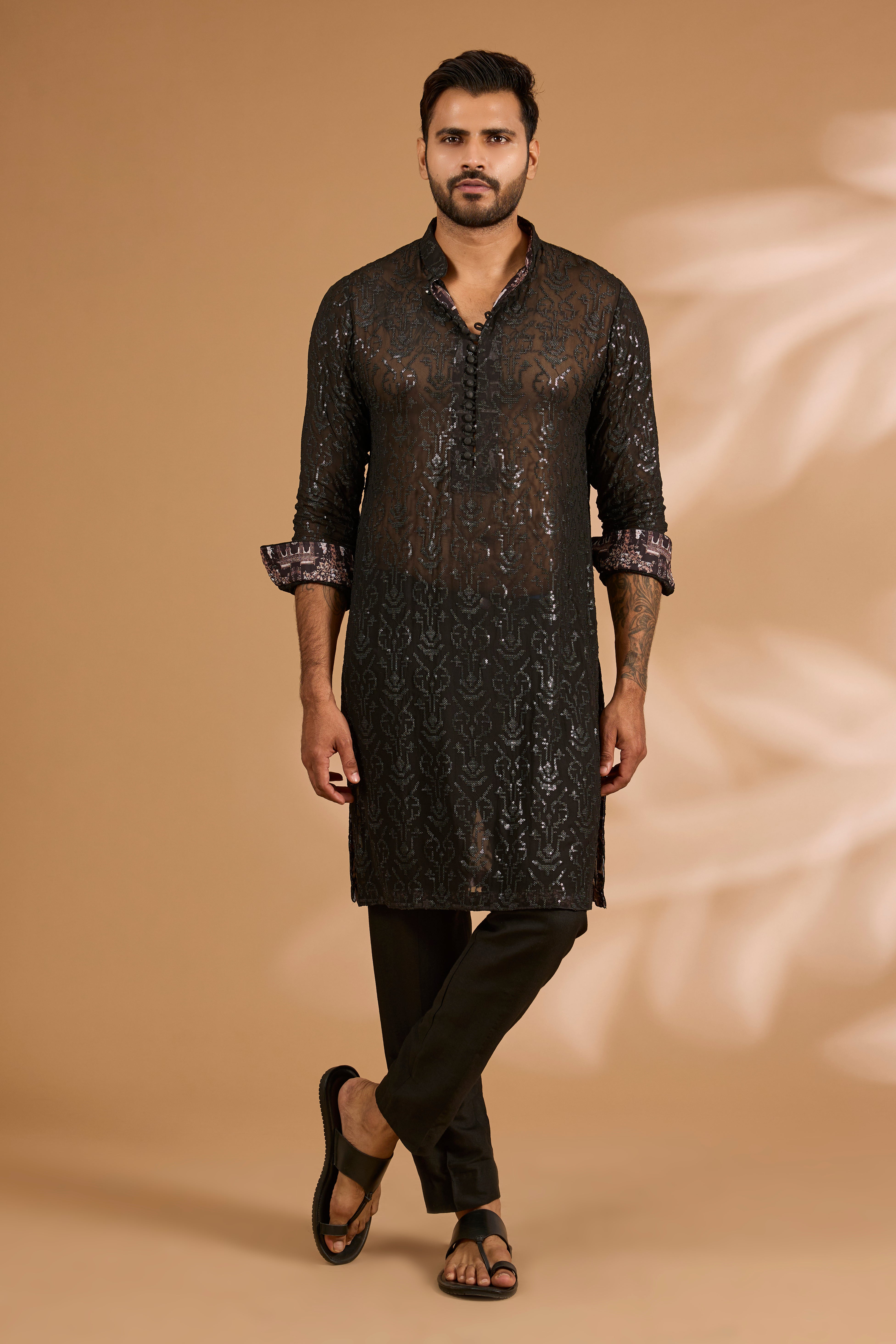Black Georgette Sequin Jaal Kurta with Loop Buttons