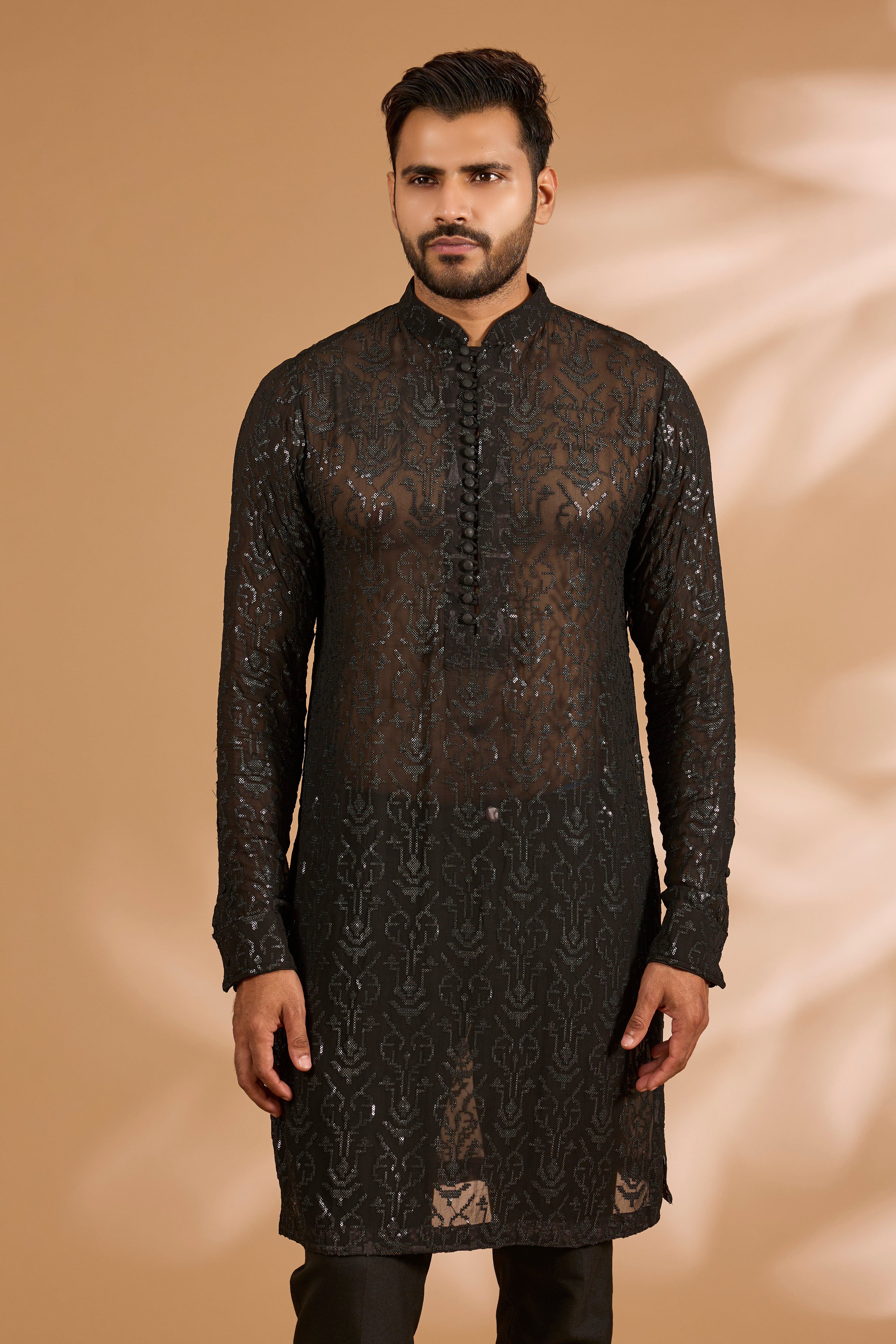 Black Georgette Sequin Jaal Kurta with Loop Buttons