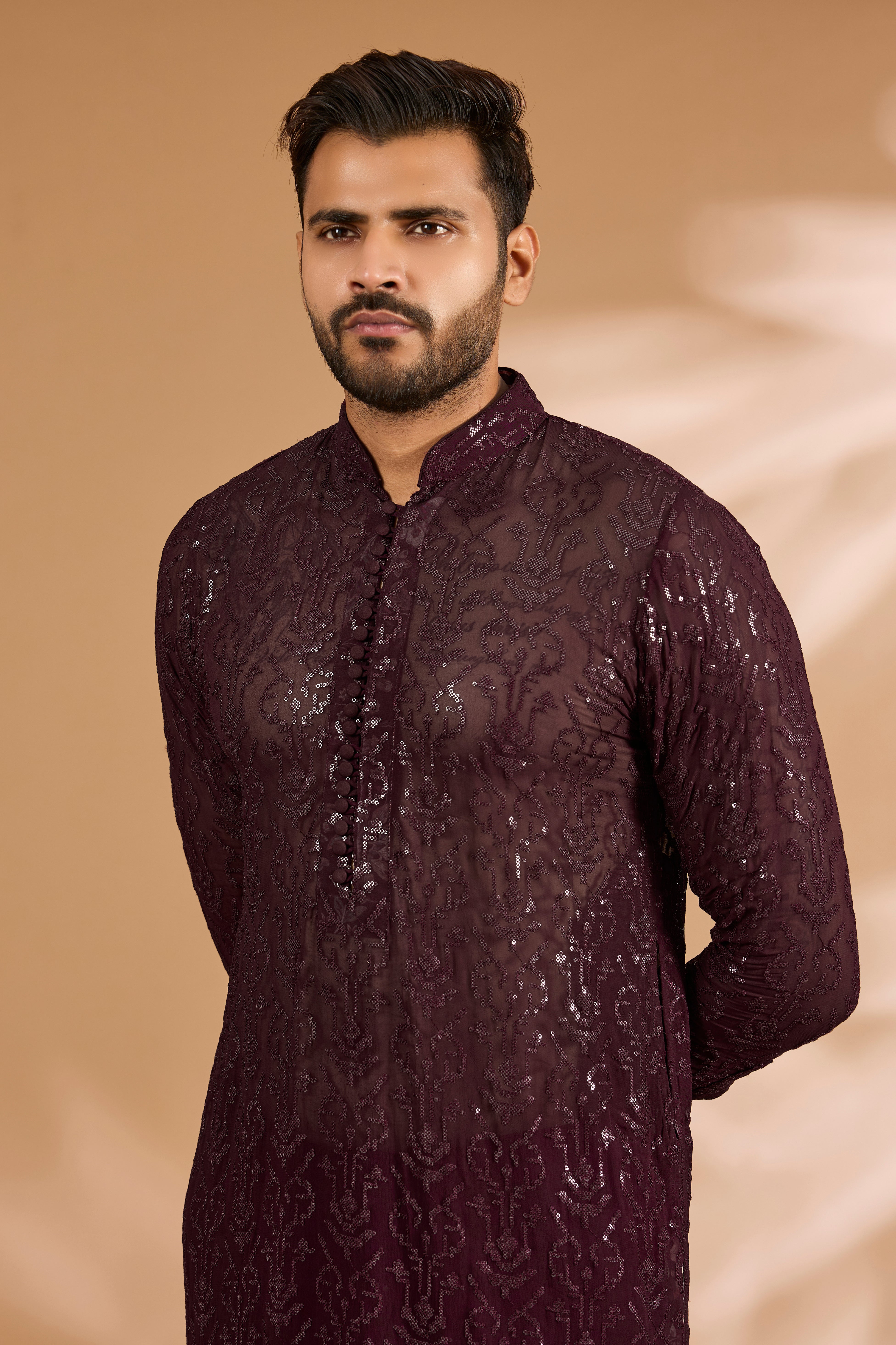 Ox Blood Georgette Sequin Jaal Kurta with Loop Buttons