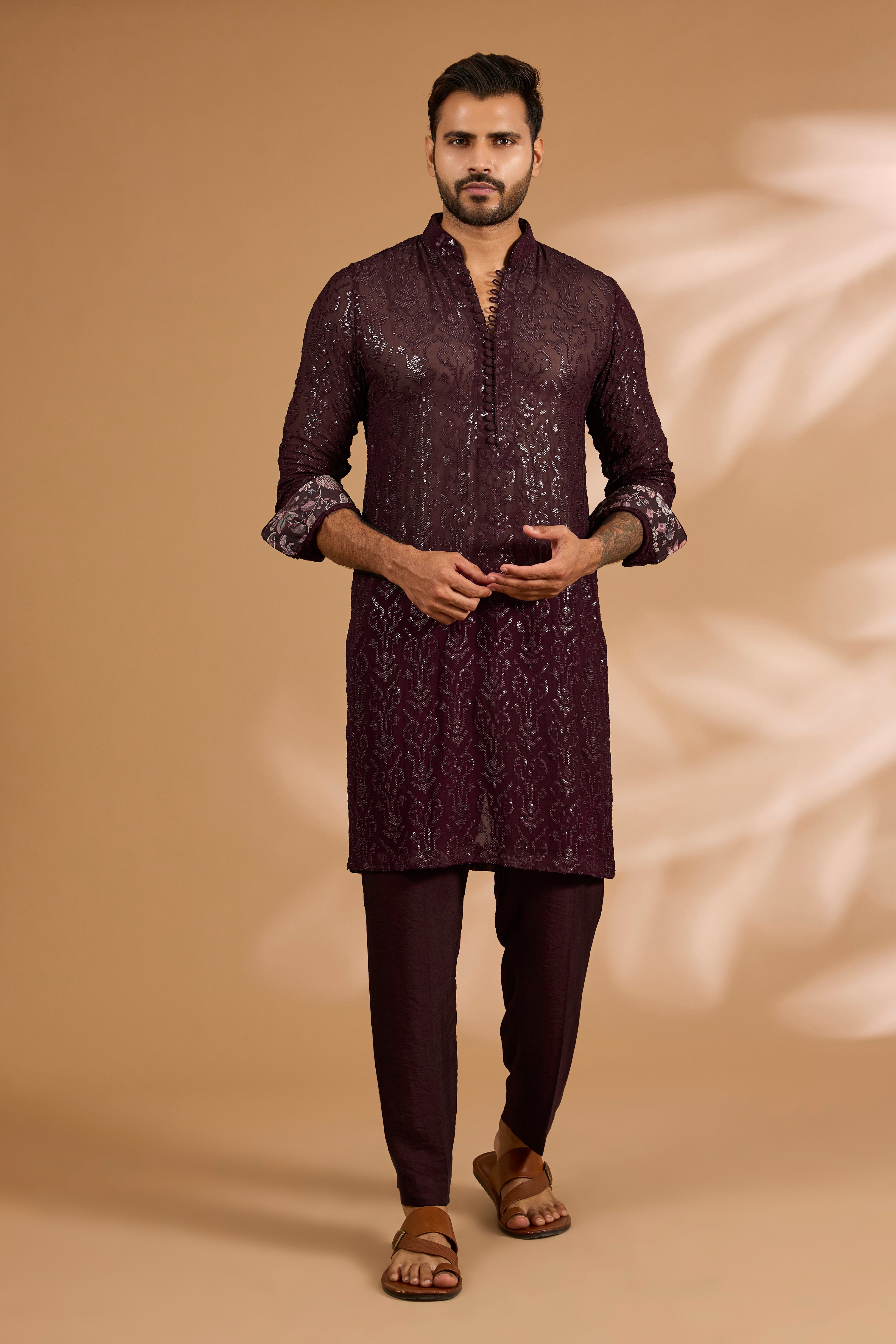 Ox Blood Georgette Sequin Jaal Kurta with Loop Buttons