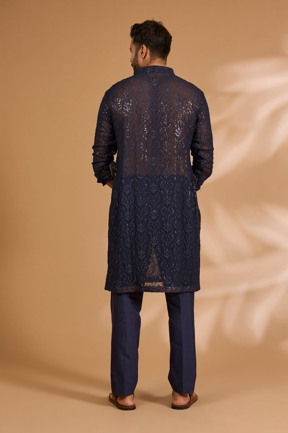 Blue Georgette Sequin Jaal Kurta with Loop Buttons
