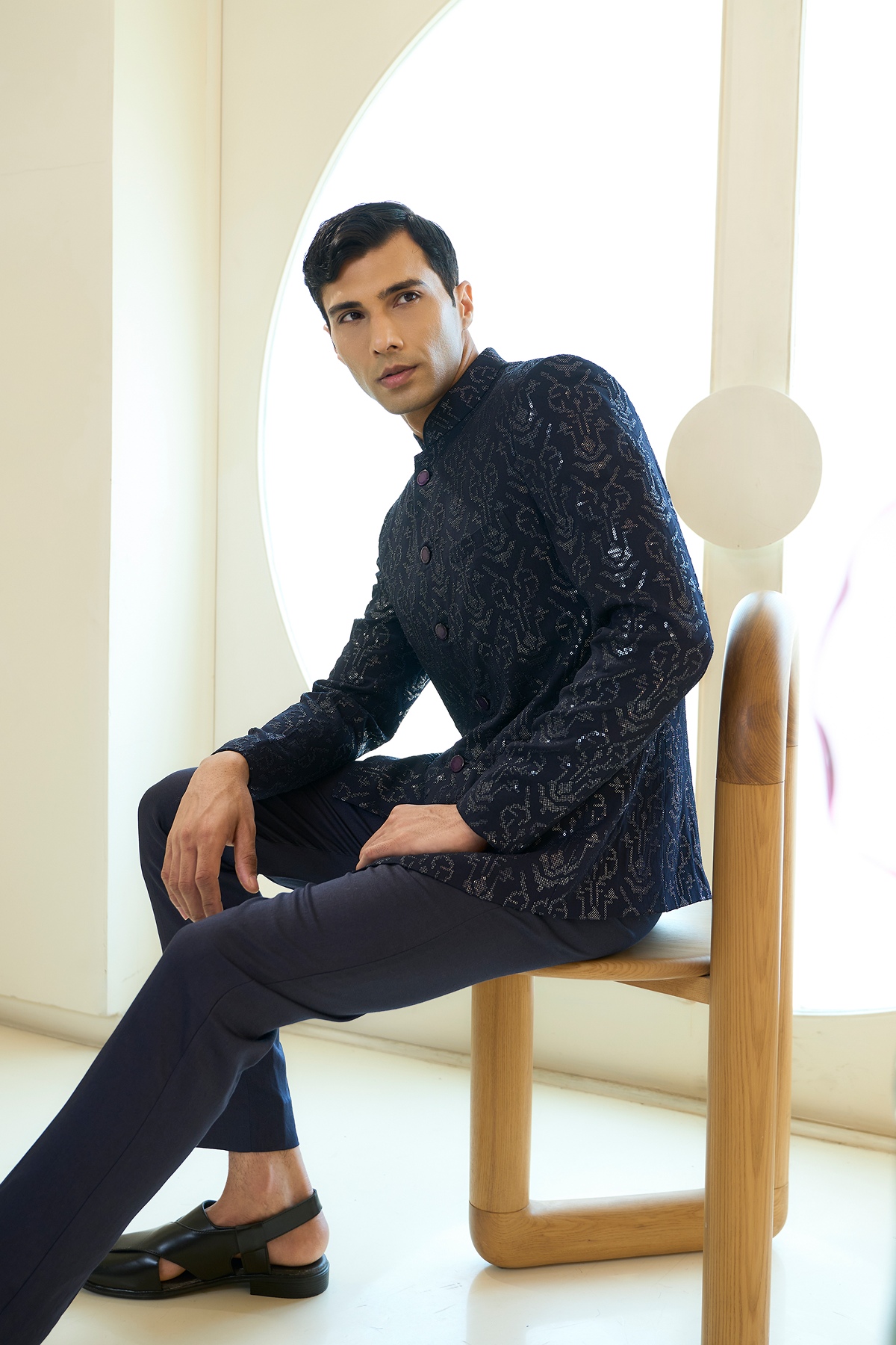 Dark Blue Sequin Jodhpuri Bandhgala Set
