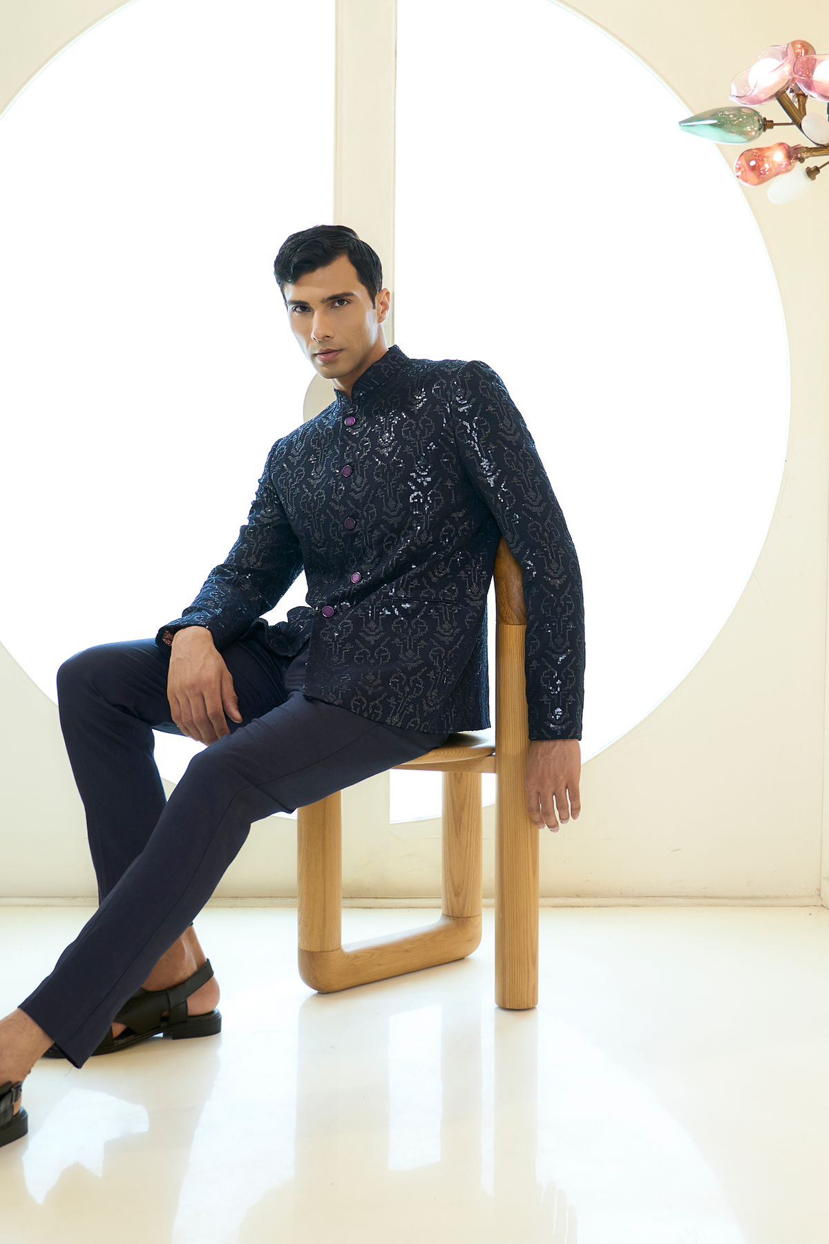 Dark Blue Sequin Jodhpuri Bandhgala Set