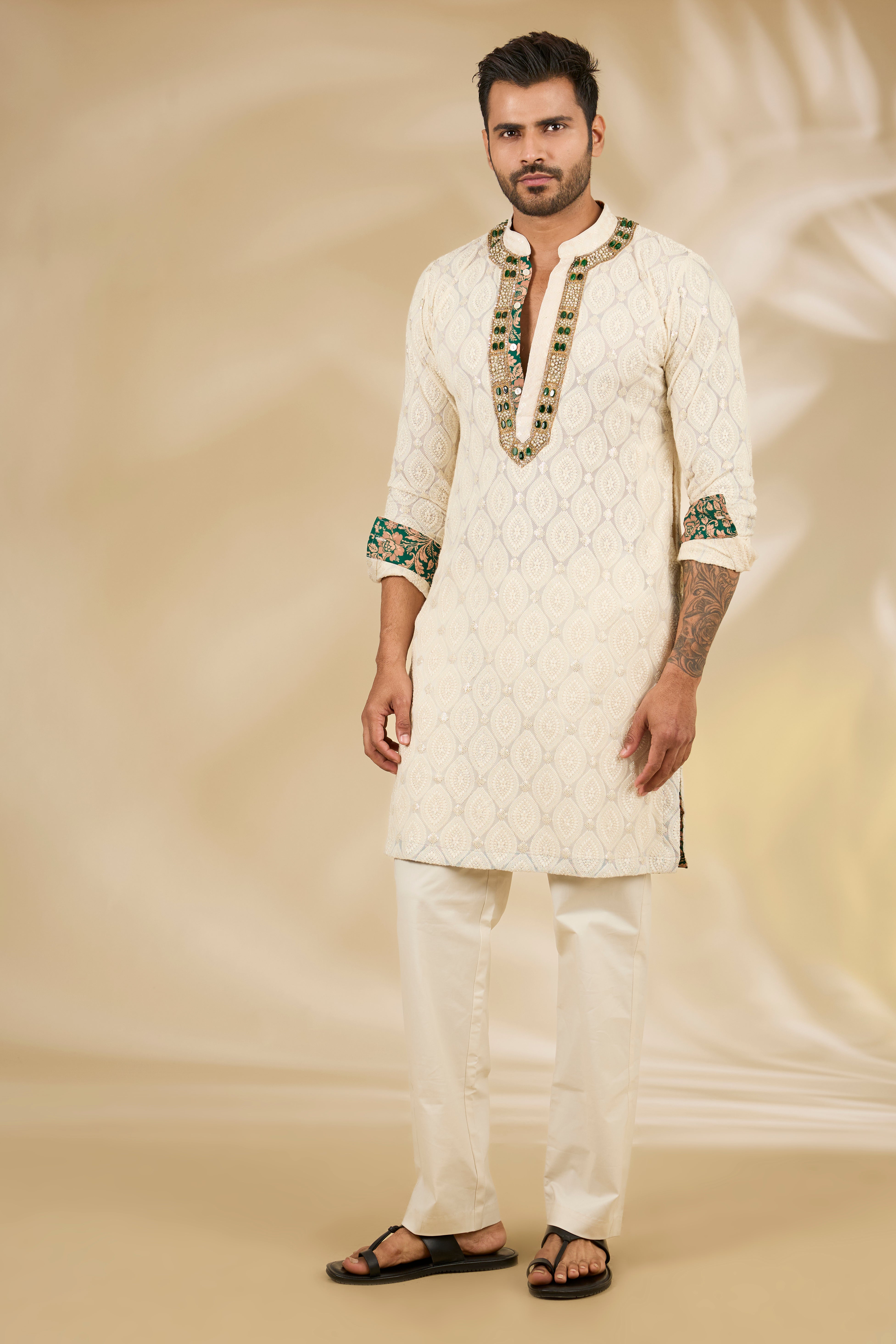 Off-White Leaf Threadwork Kurta Set