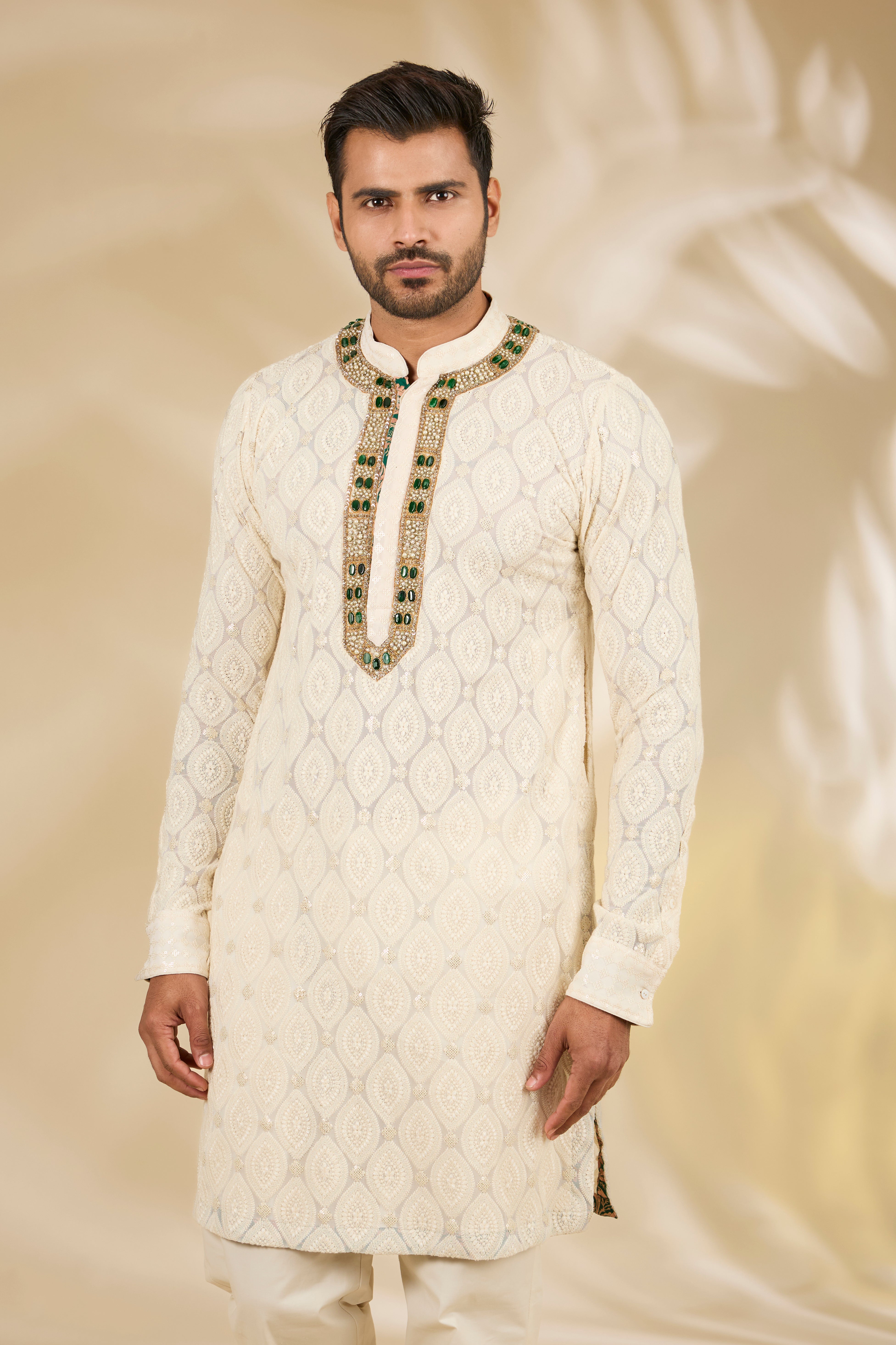 Off-White Leaf Threadwork Kurta Set