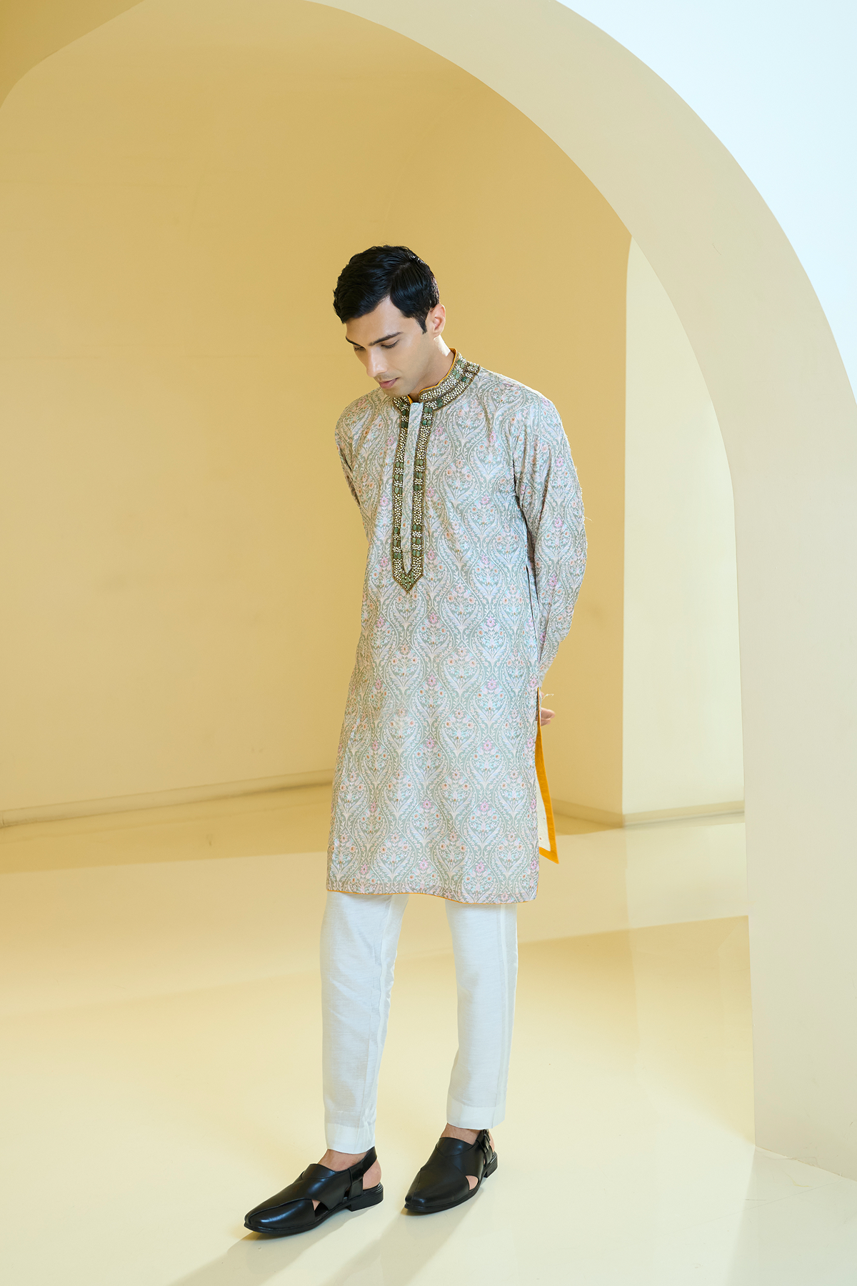 Sage Green Resham Jewel Neck Kurta Set