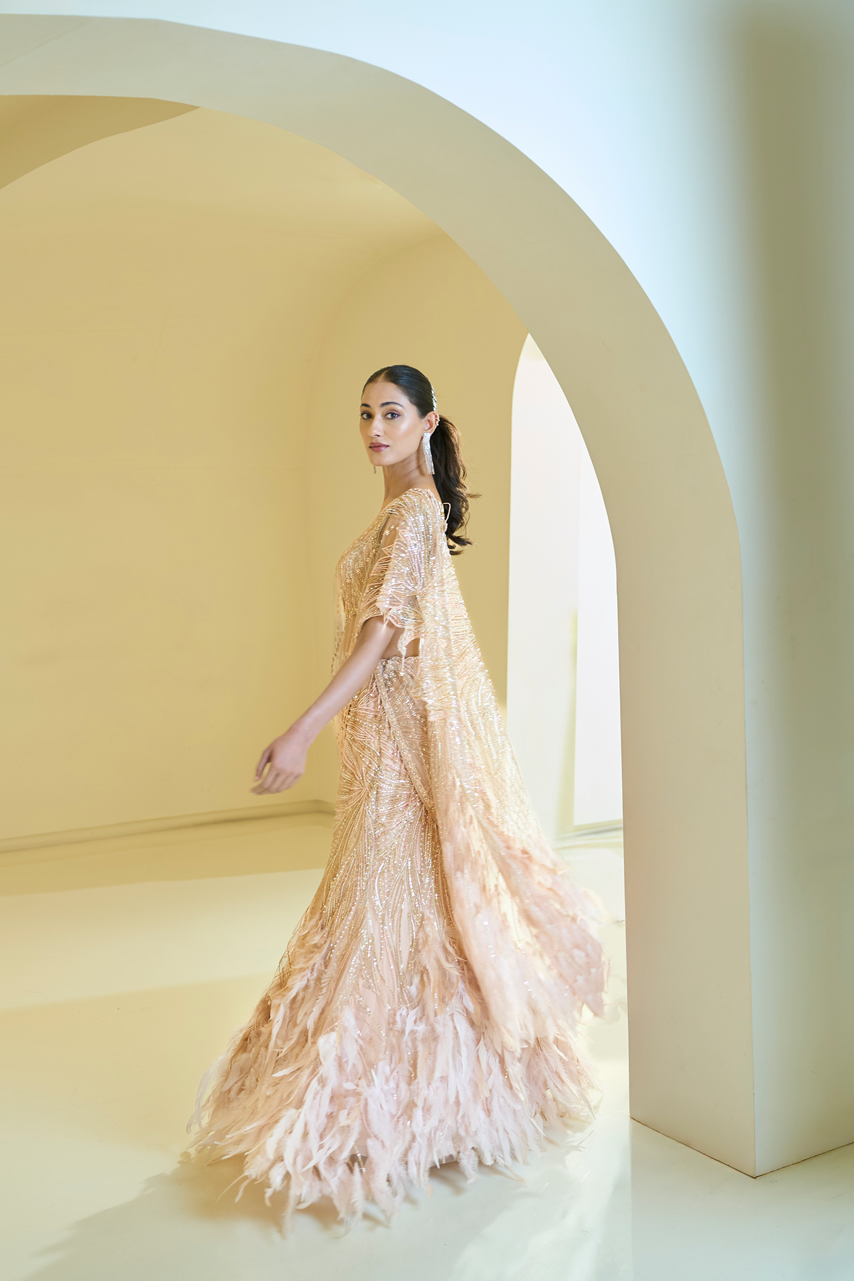 PEACH FEATHER LEHENGA WITH DRAPE PALLA