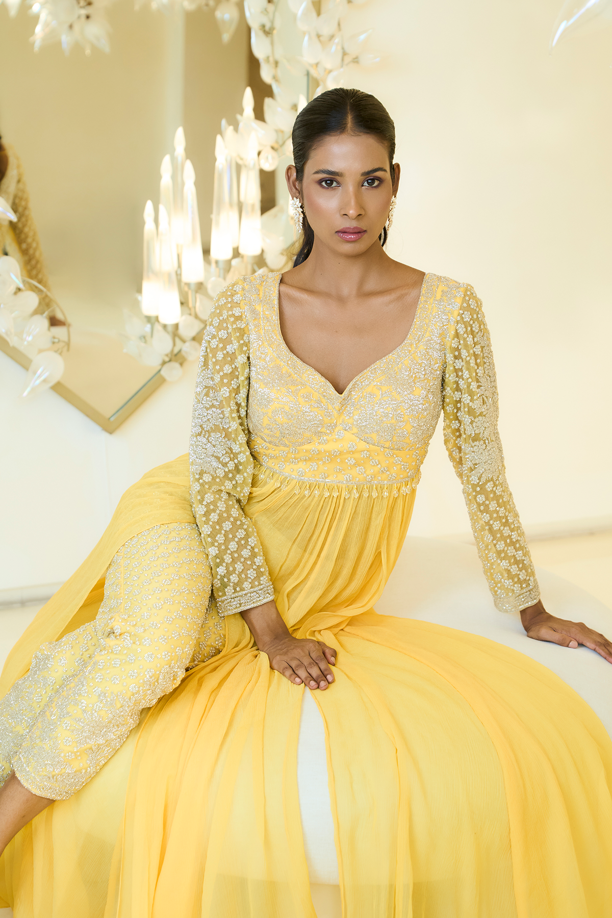 SUNSHINE YELLOW CHIFFON RUCHED GOWN IN PEARL EMB. WITH FULL PEARL EMB. BOOTI PANTS