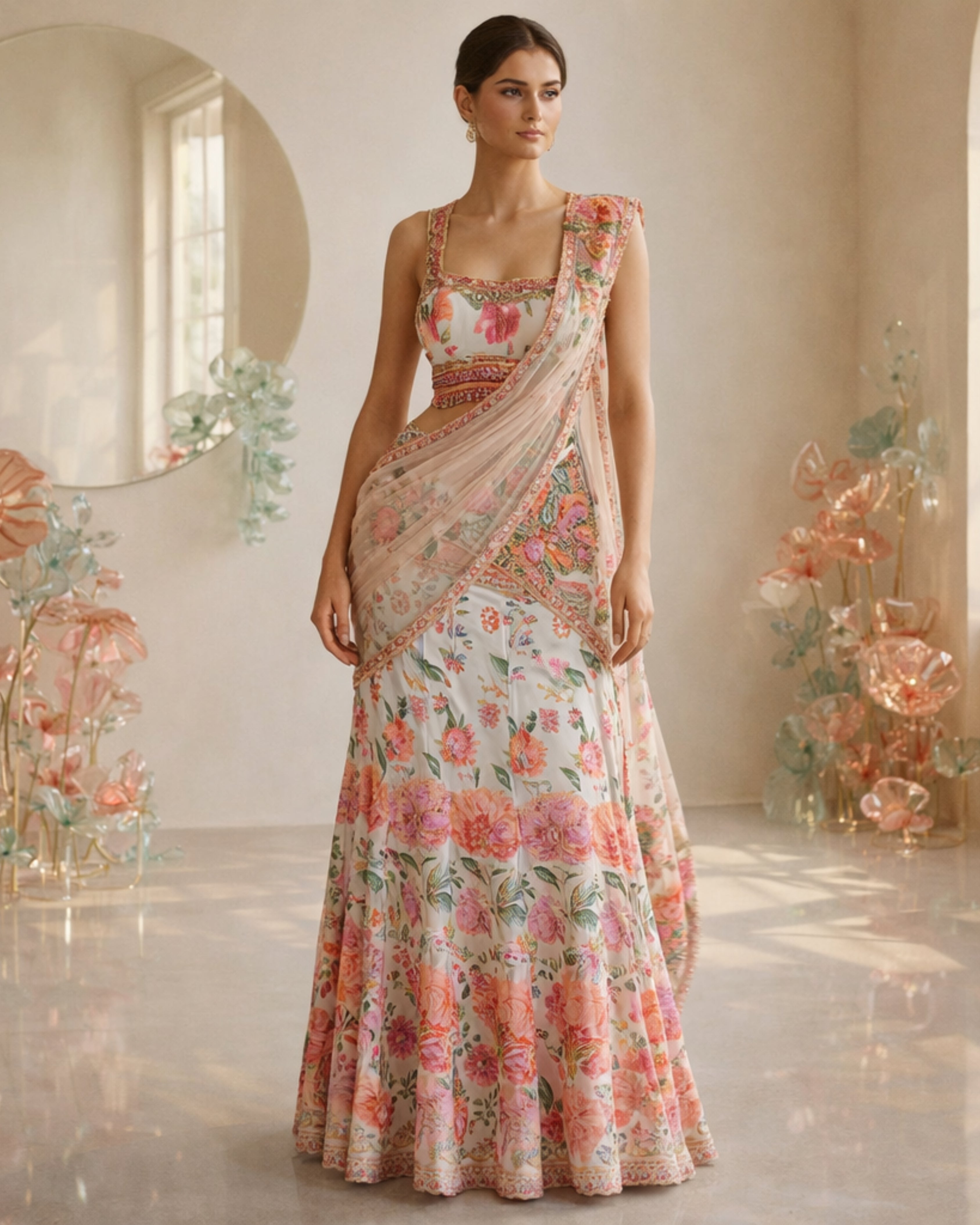 IVORY MULTI FLOWER LEHENGA W D DRAPE