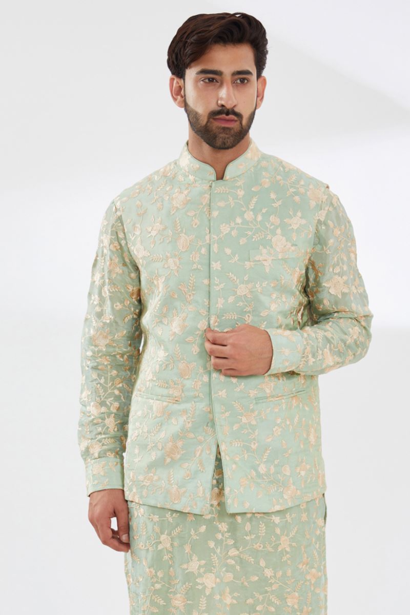 SAGE GREEN PARSI GARA EMBROIDERED UNLINED SILK KURTA AND BUNDI WITH BEIGE PANTS
