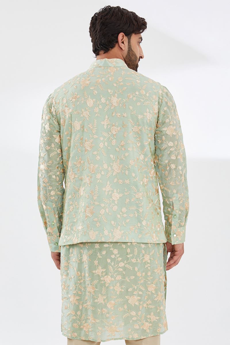SAGE GREEN PARSI GARA EMBROIDERED UNLINED SILK KURTA AND BUNDI WITH BEIGE PANTS