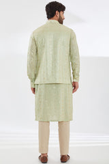 SAGE GREEN WITH GOLD SEQUINS EMBROIDERED UNLINED GEORGETTE KURTA WITH BUNDI AND BEIGE PANTS