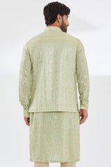 SAGE GREEN WITH GOLD SEQUINS EMBROIDERED UNLINED GEORGETTE KURTA WITH BUNDI AND BEIGE PANTS