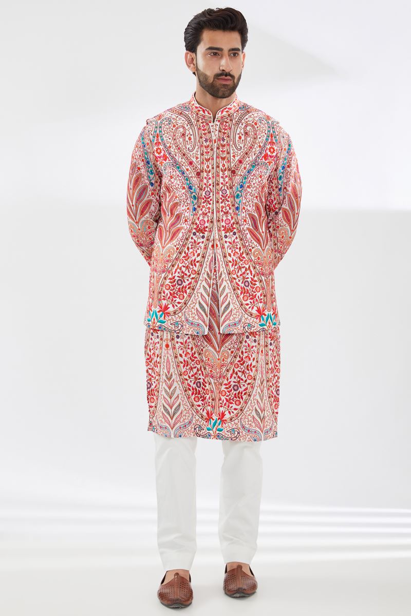 WHITE MULTI RESHAM UNLINED KURTA AND BUNDI WITH PANTS