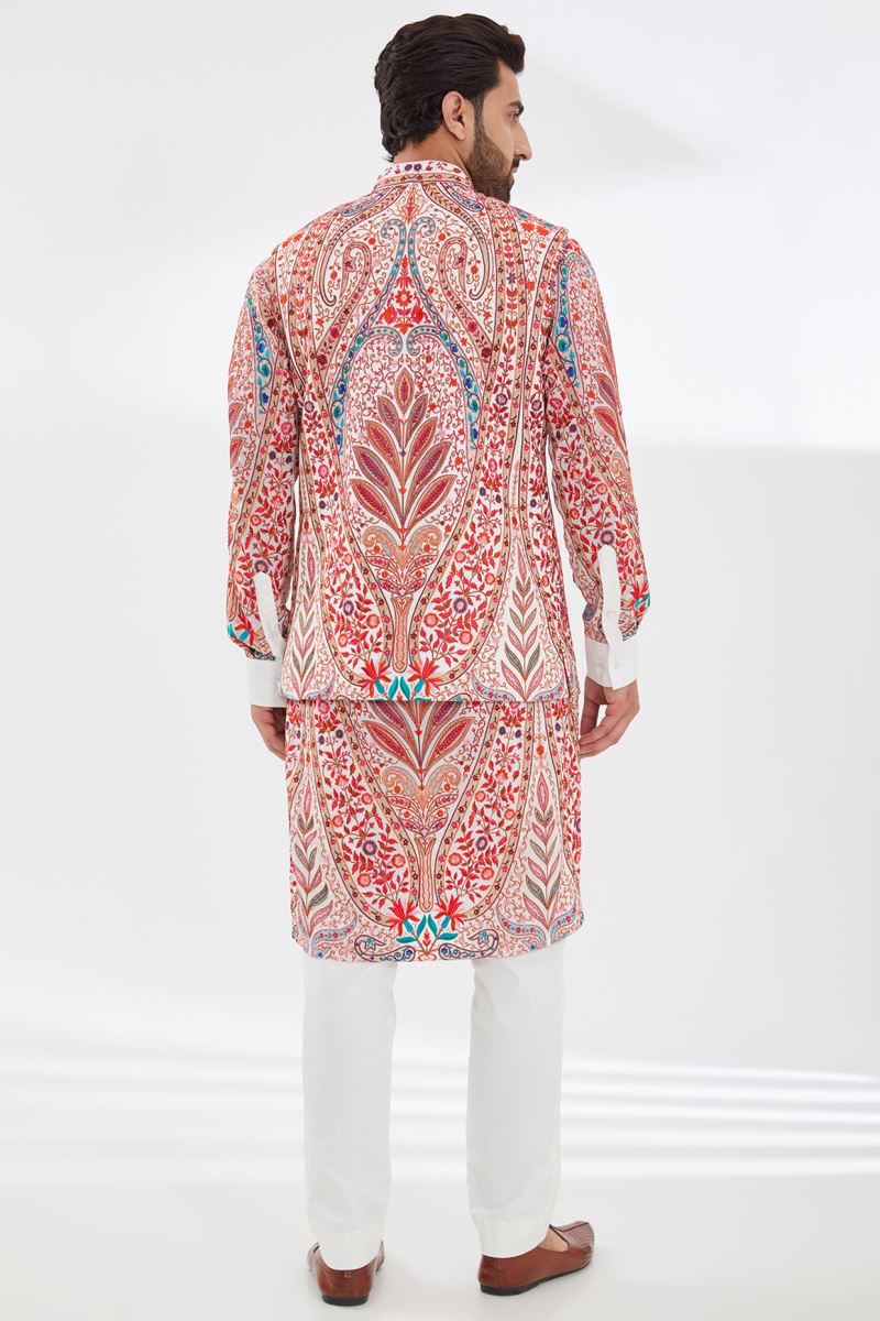 WHITE MULTI RESHAM UNLINED KURTA AND BUNDI WITH PANTS
