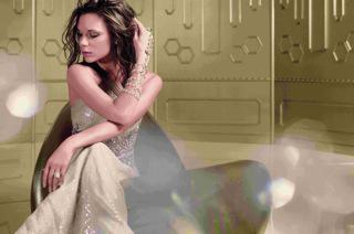 Victoria Beckam for Vogue in Beige with Sequin Embroidered Gown