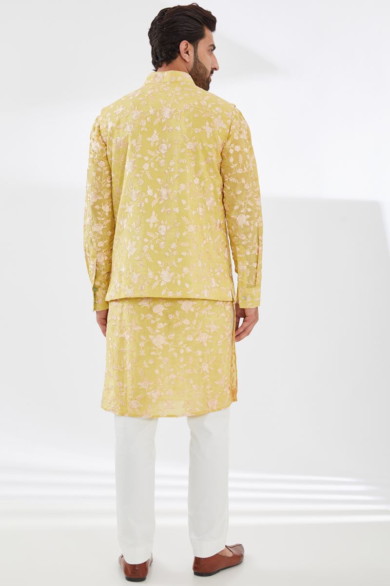 YELLOW PARSI GARA EMBROIDERED UNLINED SILK KURTA AND BUNDI WITH BEIGE PANTS