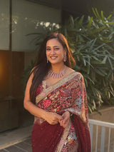 Shweta Tiwari in Zaynab Wine Embroidered Sari Set