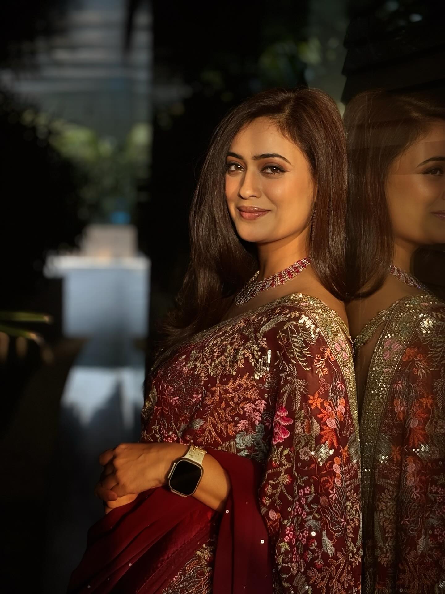 Shweta Tiwari in Zaynab Wine Embroidered Sari Set