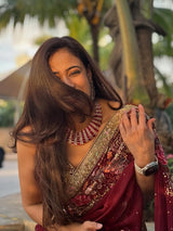 Shweta Tiwari in Zaynab Wine Embroidered Sari Set