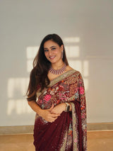 Shweta Tiwari in Zaynab Wine Embroidered Sari Set