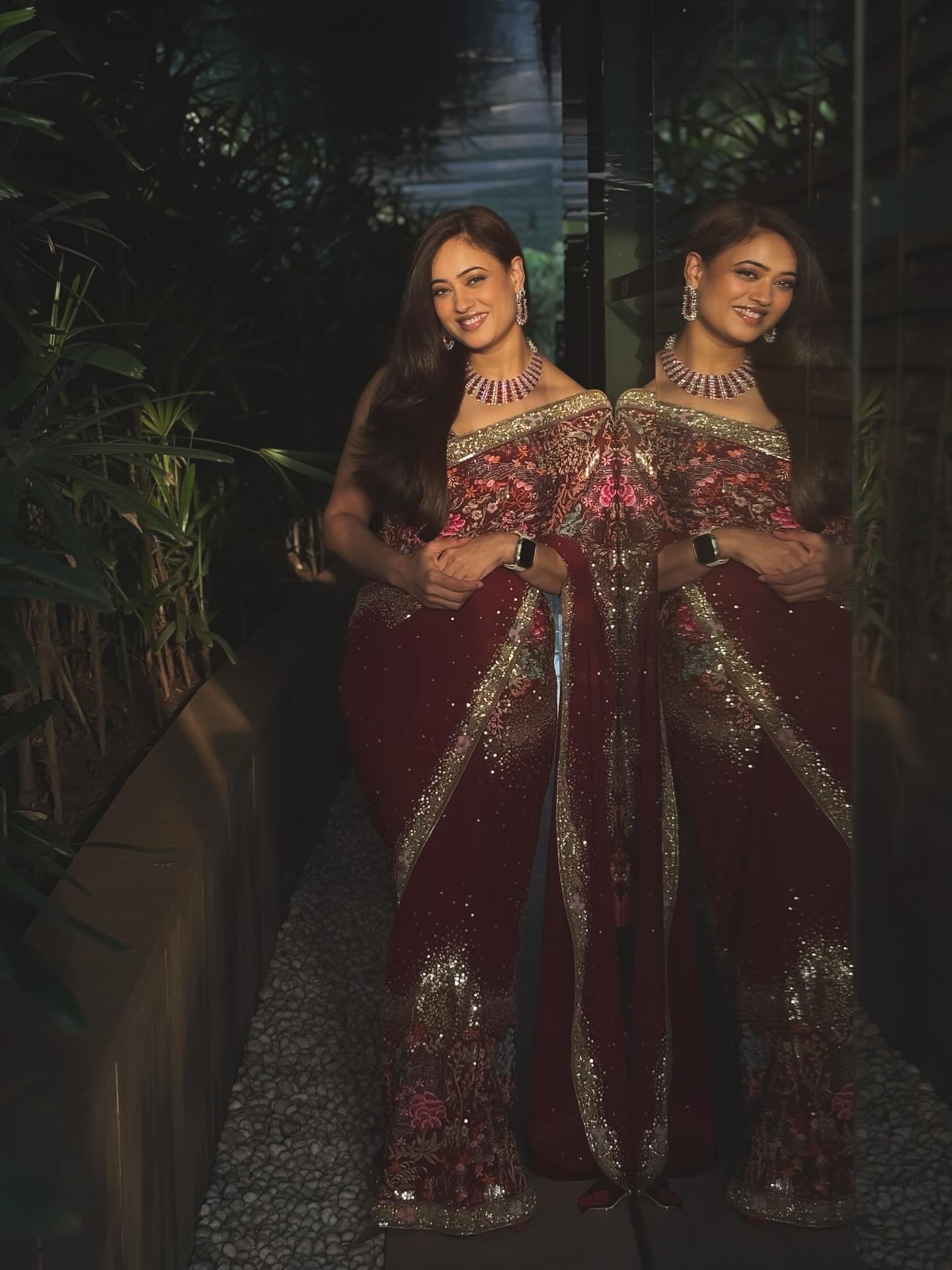 Shweta Tiwari in Zaynab Wine Embroidered Sari Set