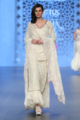 Ivory G-60 Gold Foil Fully Hand Embroidered Long Kurta W/ Lace Bustier W. Lace Sharara