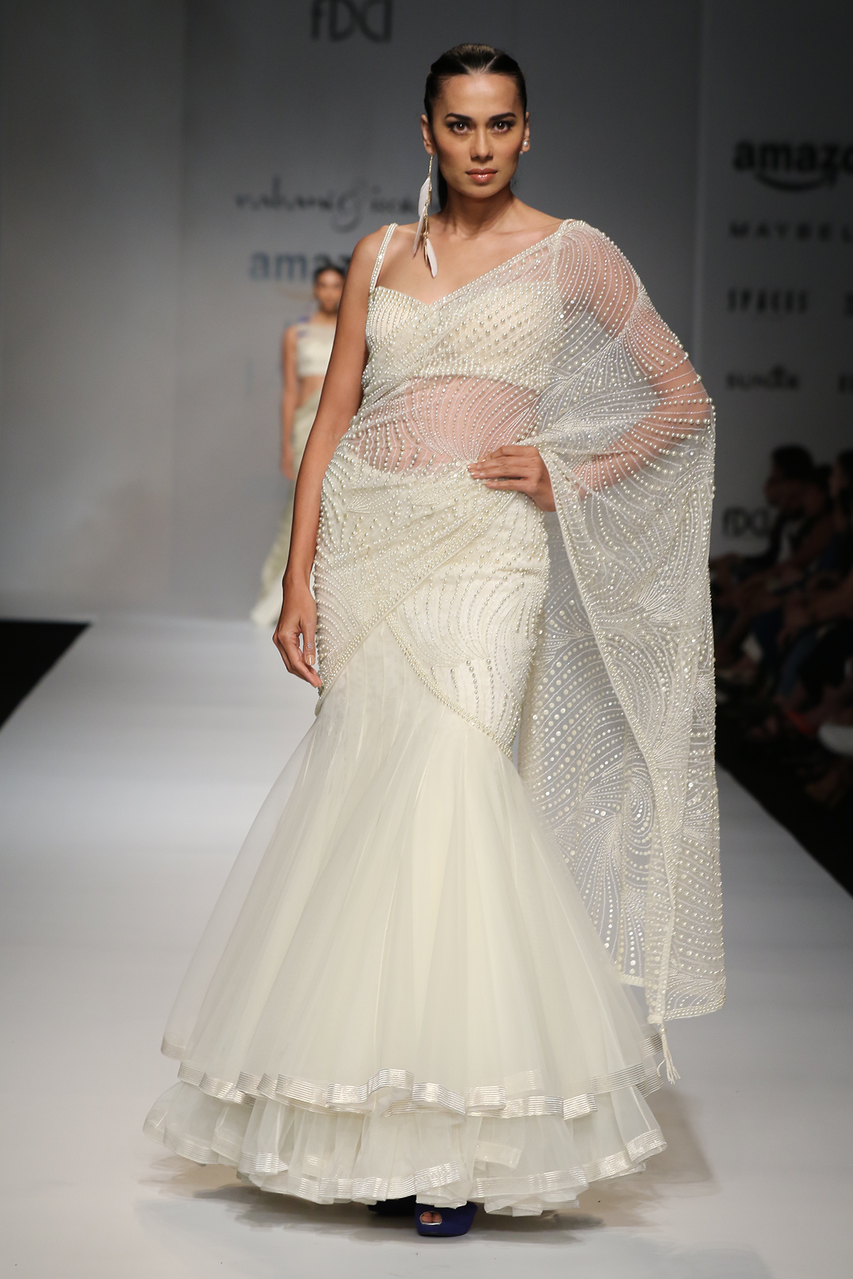 Ivory Net Pearlfern Jaal Drape W/ Net Kali Godes Lehenga Saree W Lace Crino Petticoat + Tablet Blouse