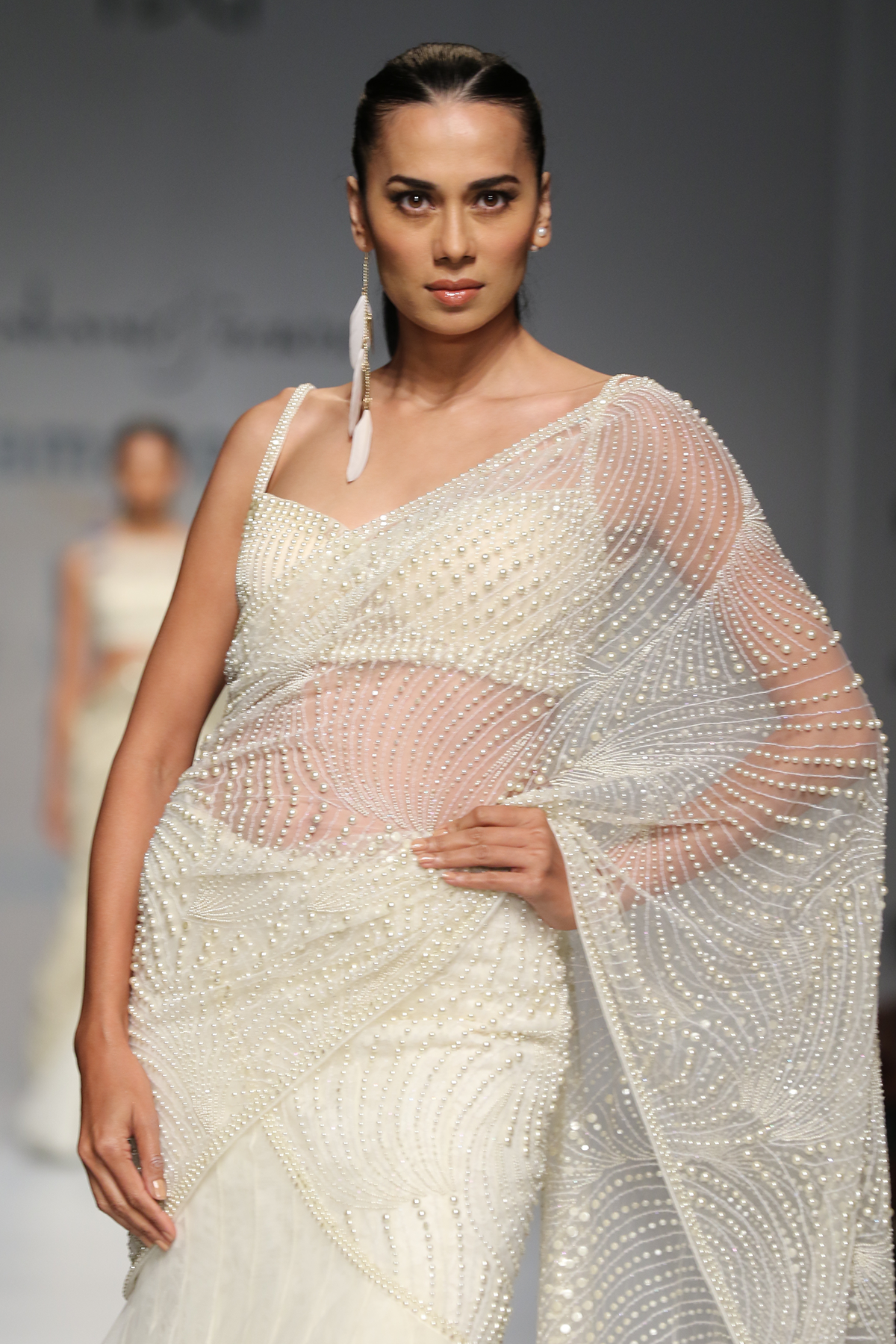 Ivory Net Pearlfern Jaal Drape W/ Net Kali Godes Lehenga Saree W Lace Crino Petticoat + Tablet Blouse