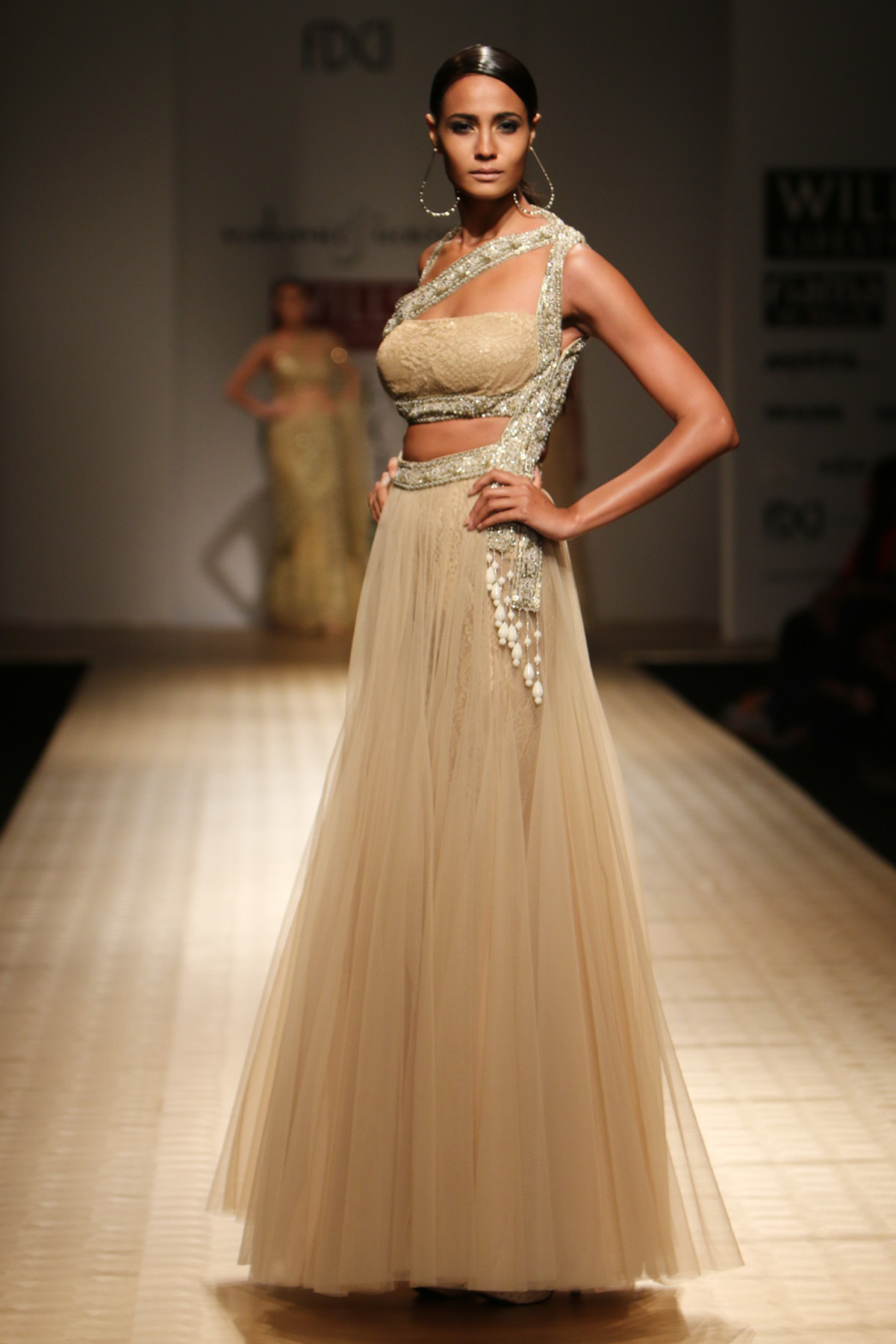 Gold Net Poof Nizam Belts One Shoulder with Roses Lace & Sheeted Bustier Gown with Roses Lace Churi Trouser