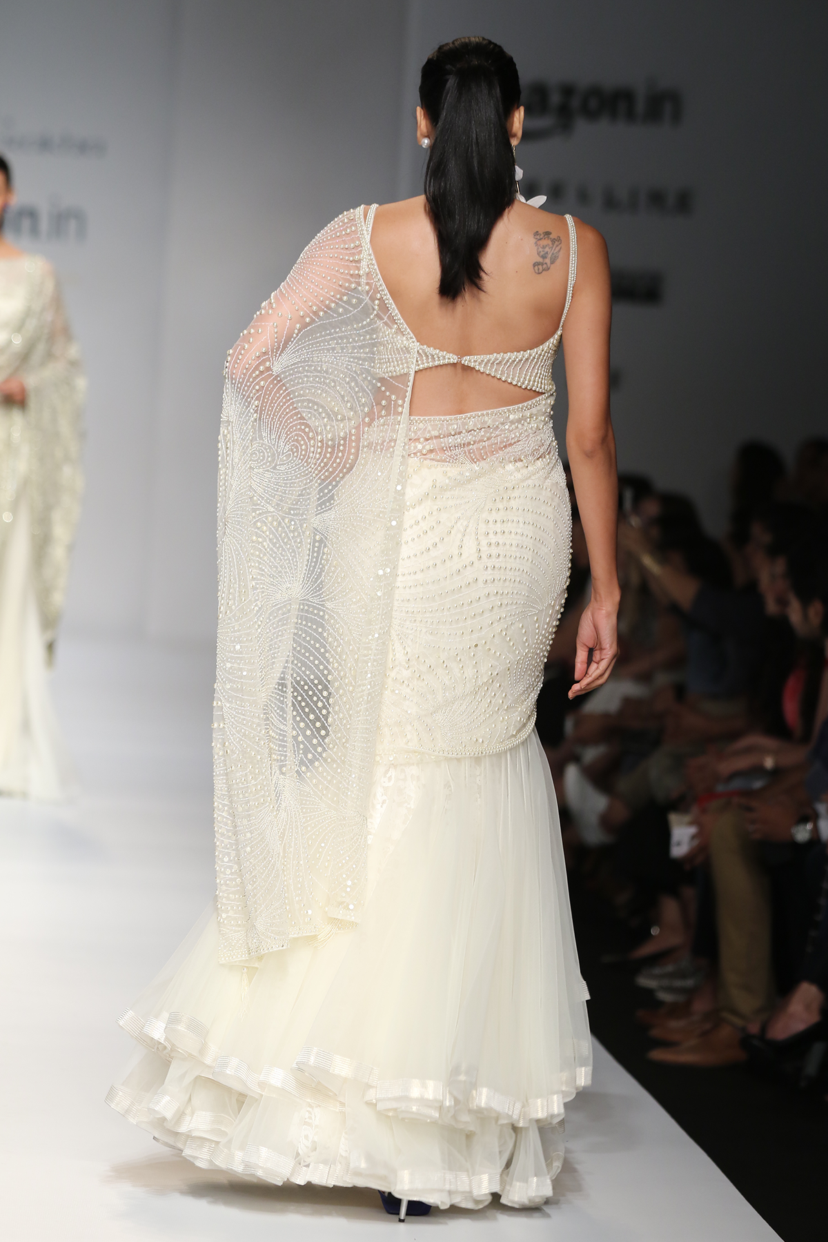 Ivory Net Pearlfern Jaal Drape W/ Net Kali Godes Lehenga Saree W Lace Crino Petticoat + Tablet Blouse