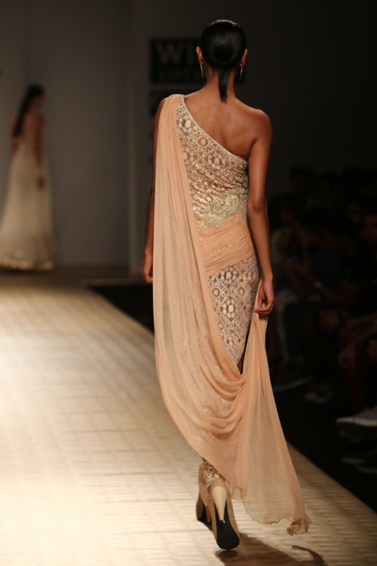 Sun Kissed Peach A-Line Lace with Chiffon Roughing with Drape One Shoulder Gown with Pasiley Bootas Gown