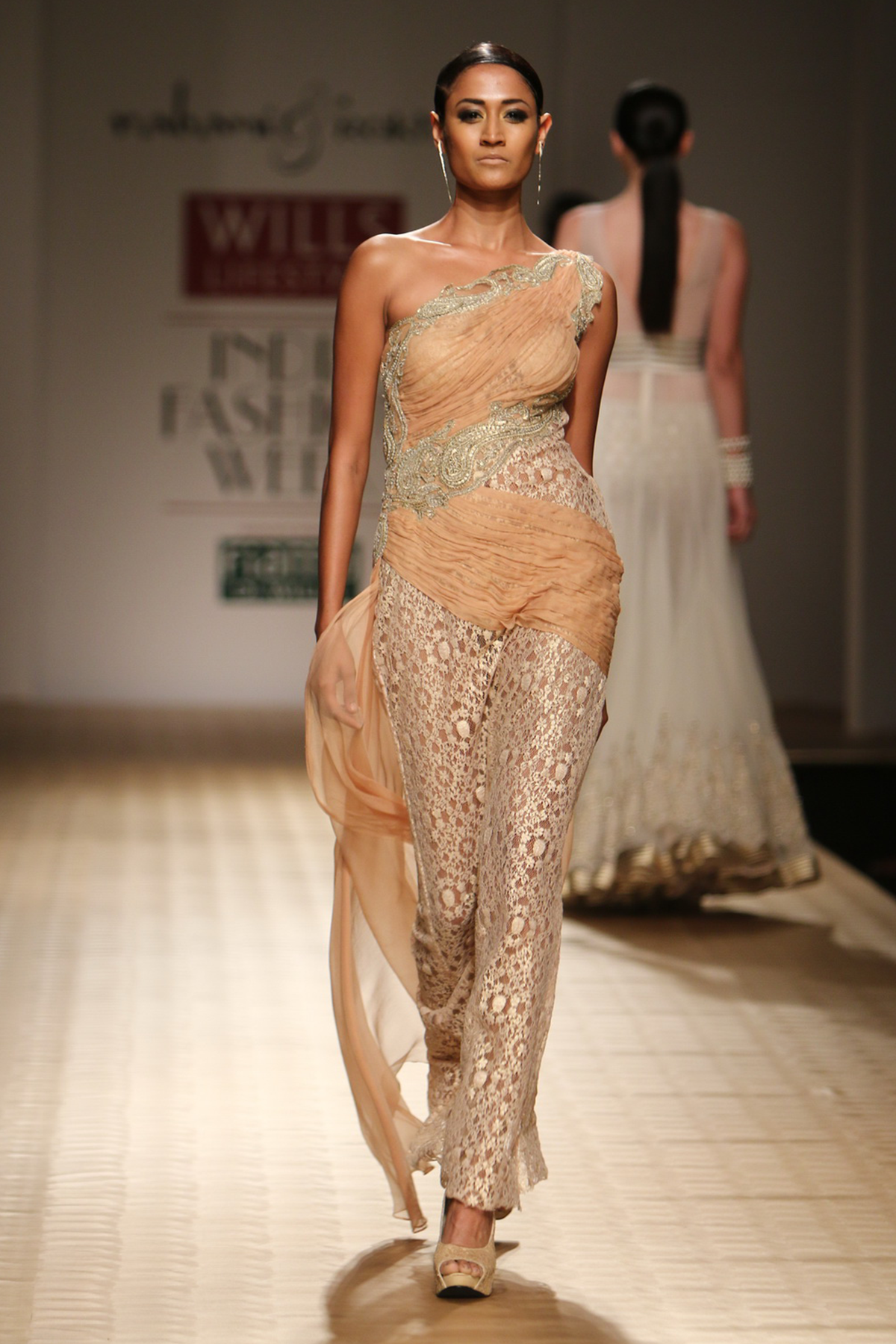 Sun Kissed Peach A-Line Lace with Chiffon Roughing with Drape One Shoulder Gown with Pasiley Bootas Gown