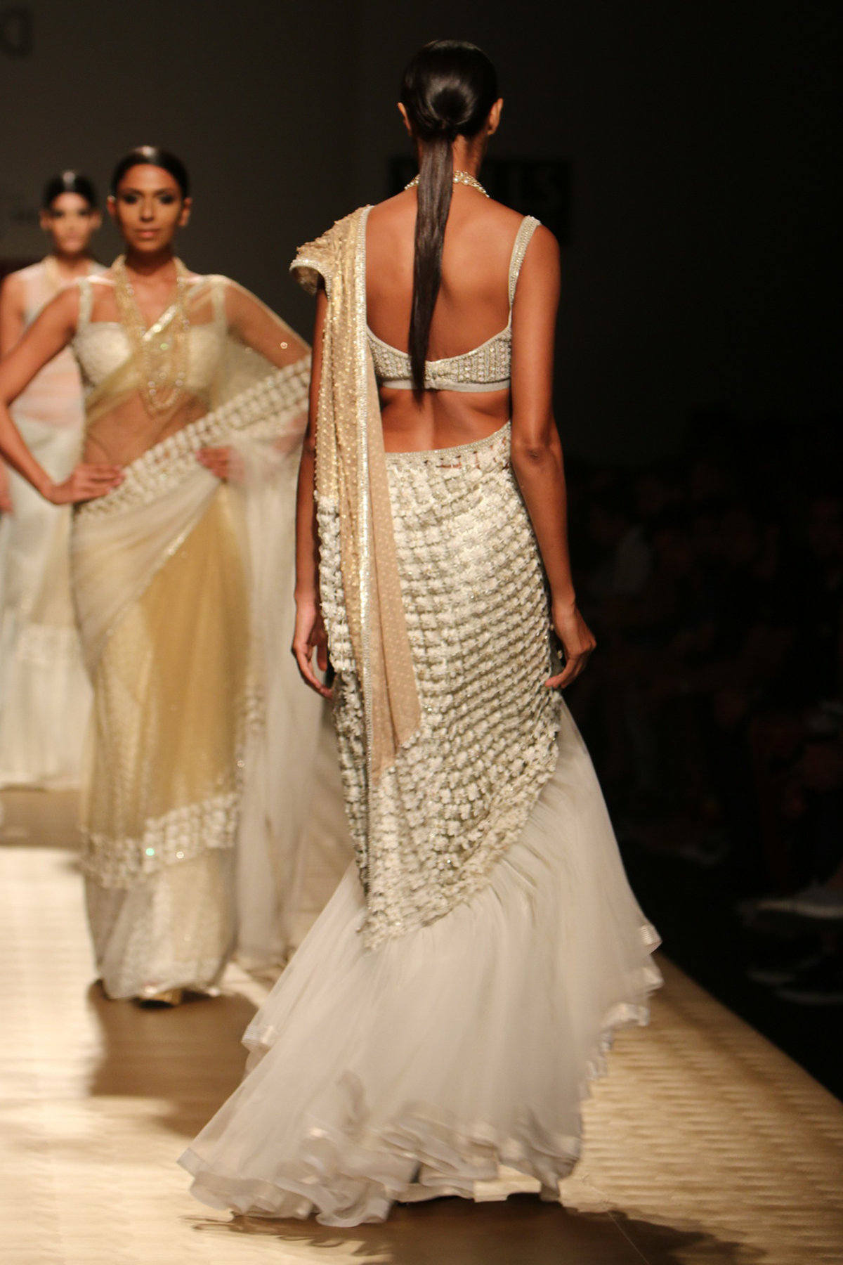 Ivory Net Frill Lehenga Sari with Flower Lace Gold Foil Drape Palla Sari with Brocade Petticoat