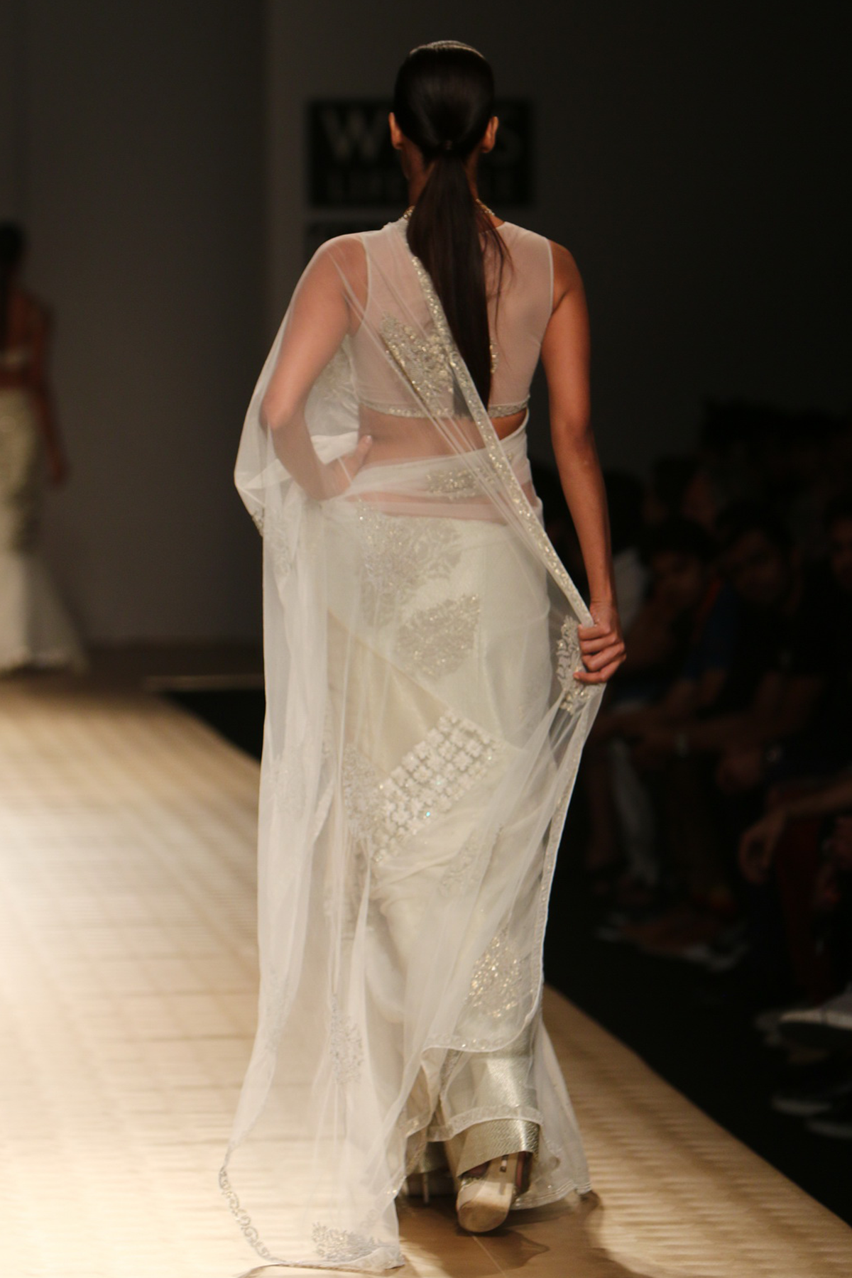 Ivory Net Big Sequin Boota with Gold Net & Ivory Chiffon Pleats with Flower Lace Sari with Brocade Petticoat