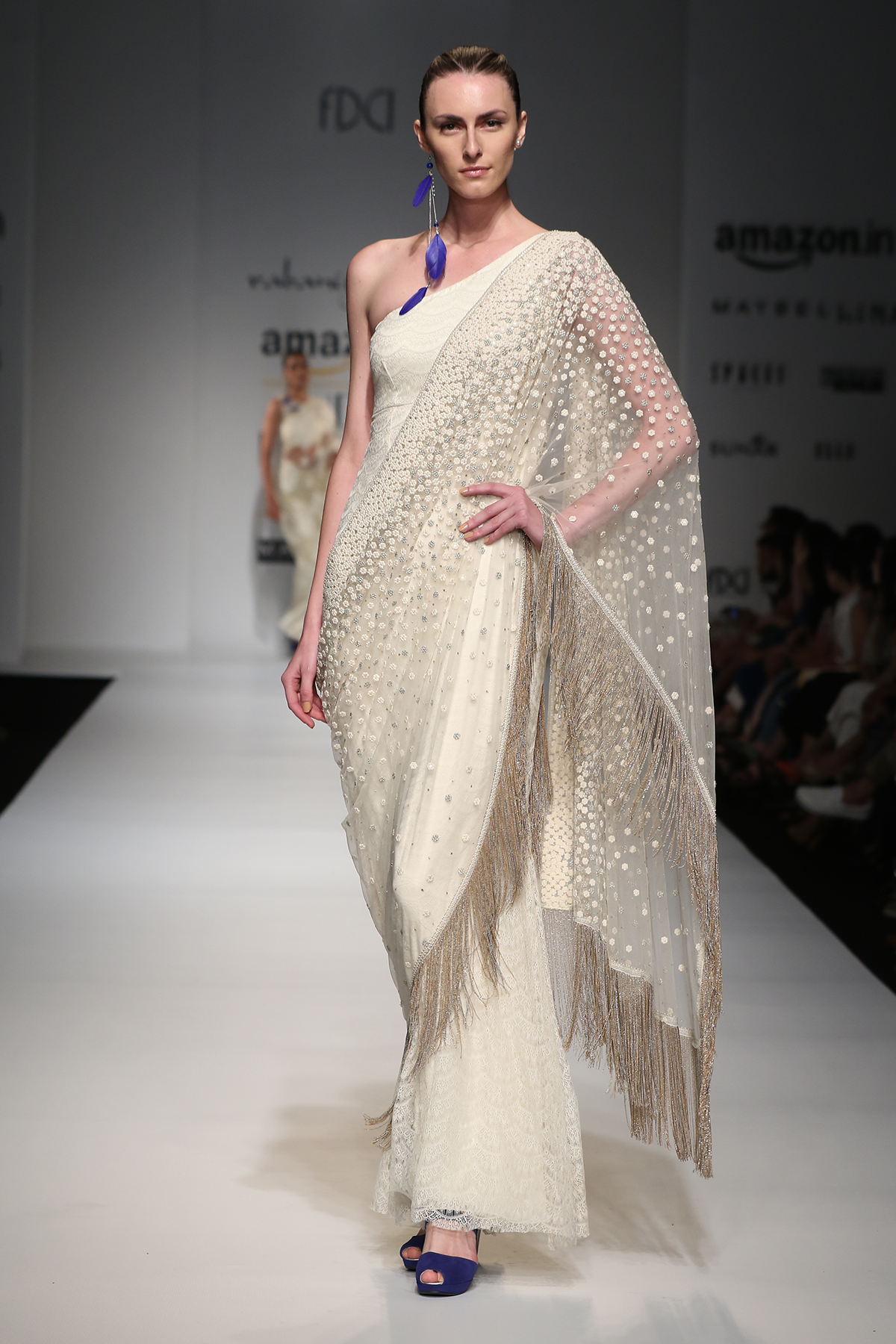 Ivory Flower Burst Tassel Drape W. Lace One Shoulder Gown W/ G-60 Interling