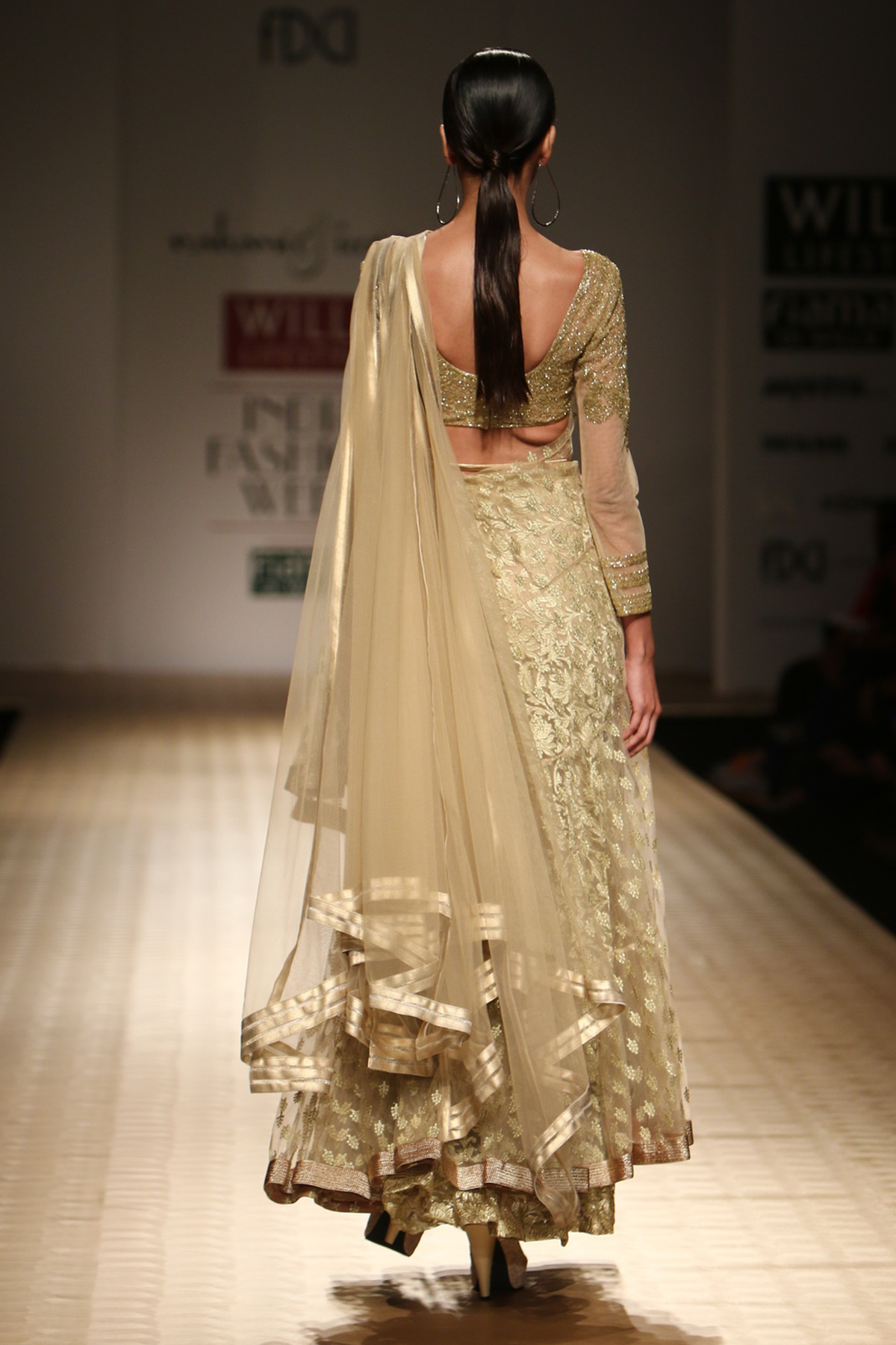 Gold Small Booti Frill Lehenga Sari with Net Shreads Pallas with Lotus Petticoat with Gold Kd Full Sleeeves Blouse