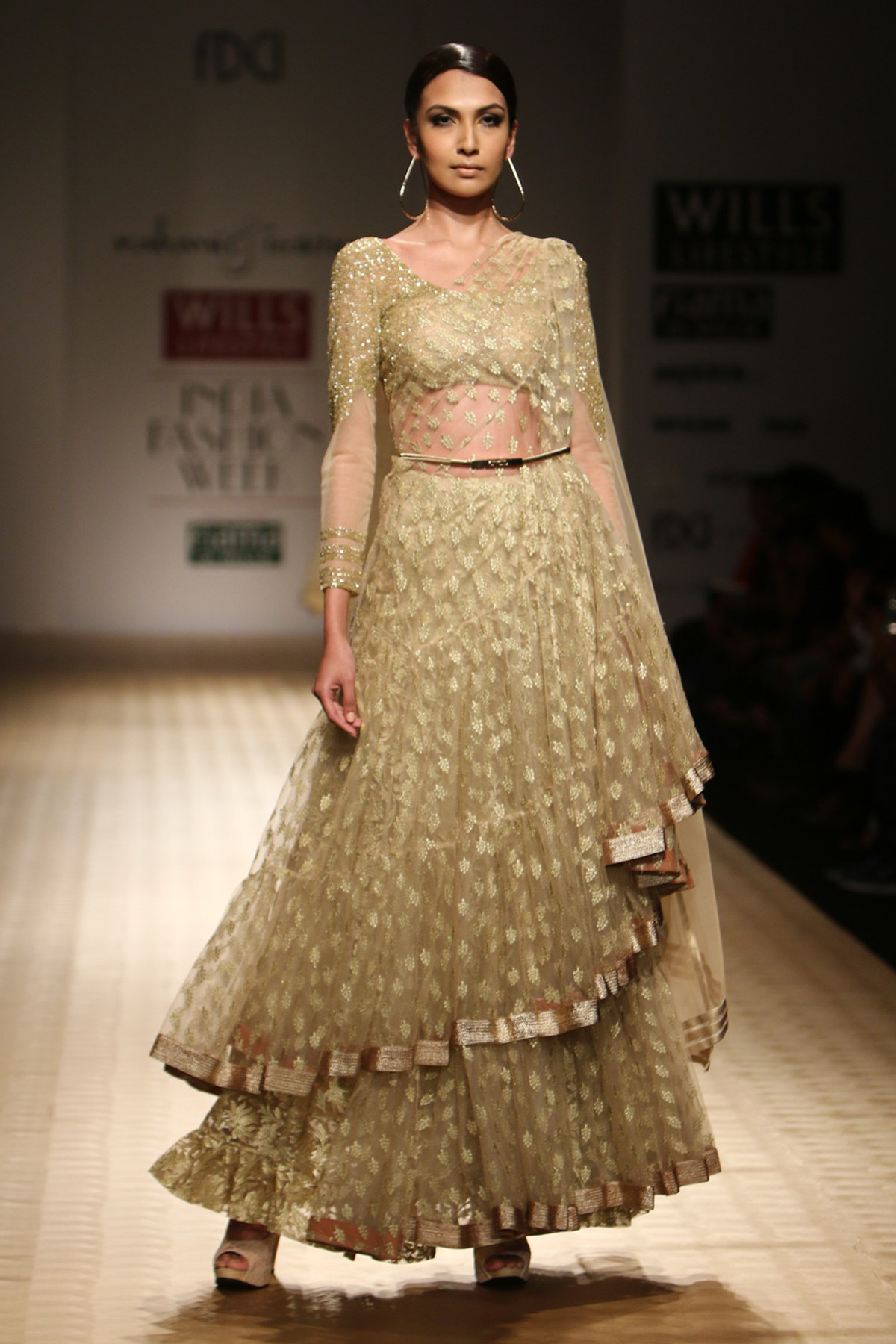 Gold Small Booti Frill Lehenga Sari with Net Shreads Pallas with Lotus Petticoat with Gold Kd Full Sleeeves Blouse