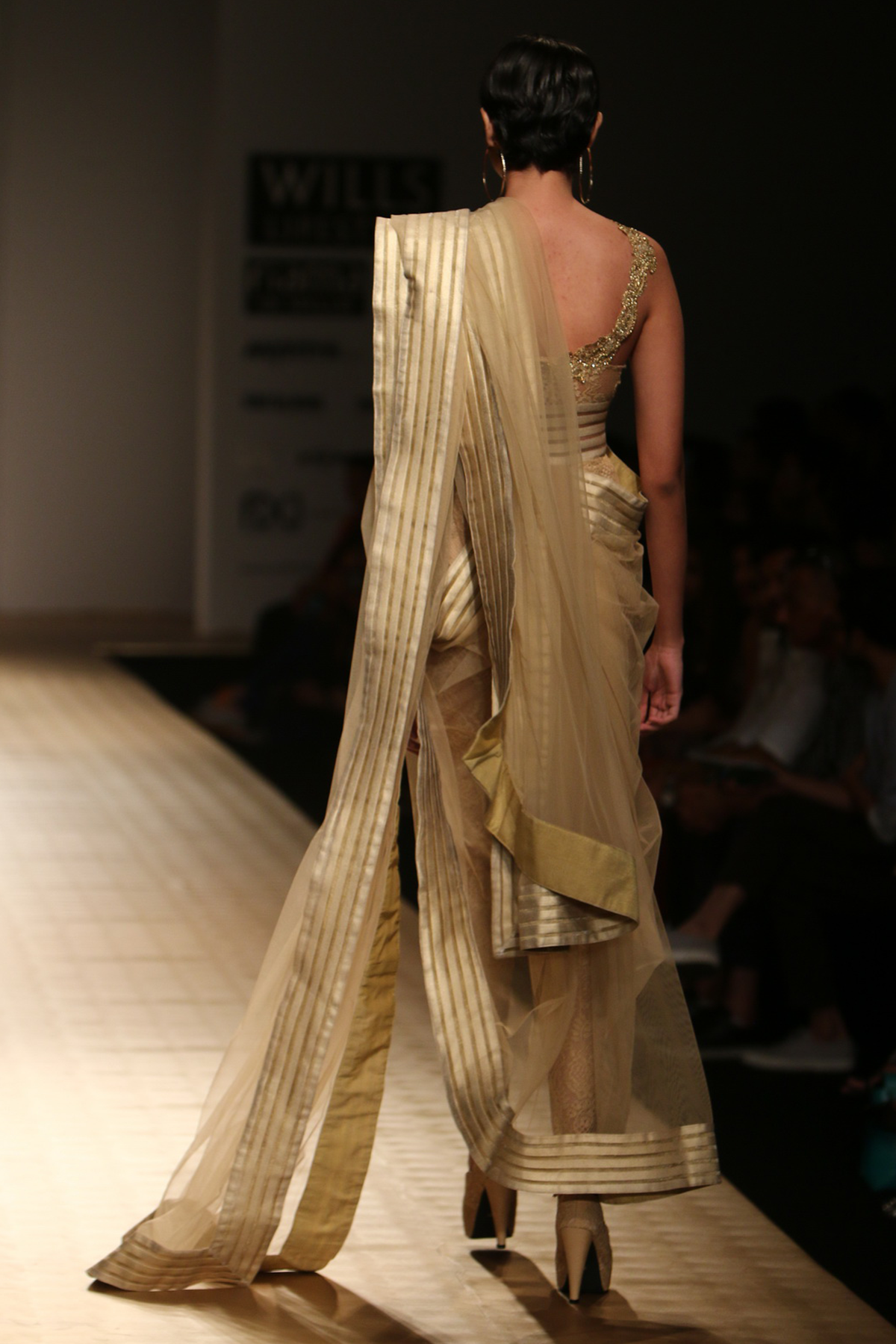 Gold Roses Lace Cat Suit with Jewel Fern Yoke with Net Hyderabadi Drape