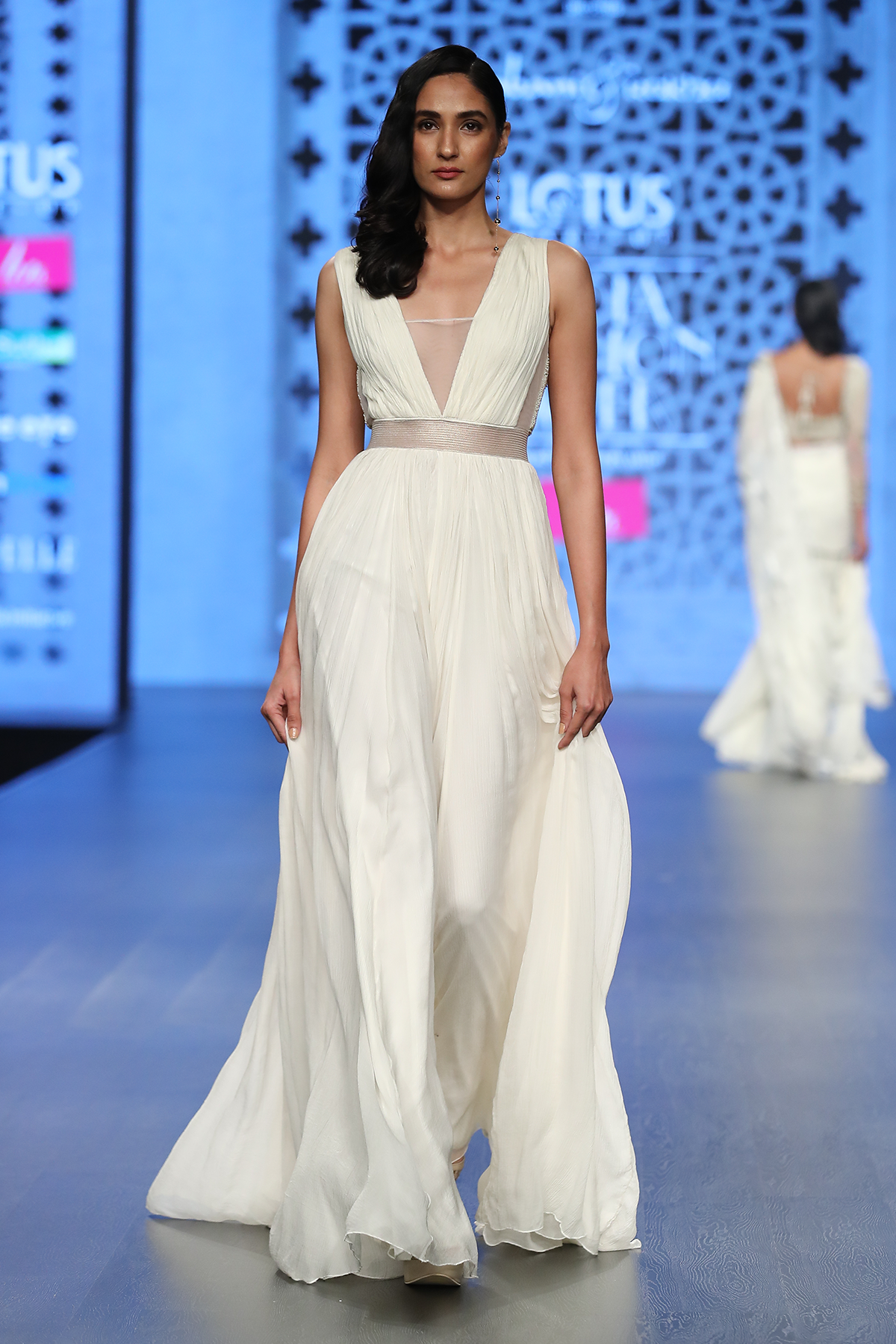 Ivory Chiffon Roughed Jumpsuit W. Green Tassels At Back