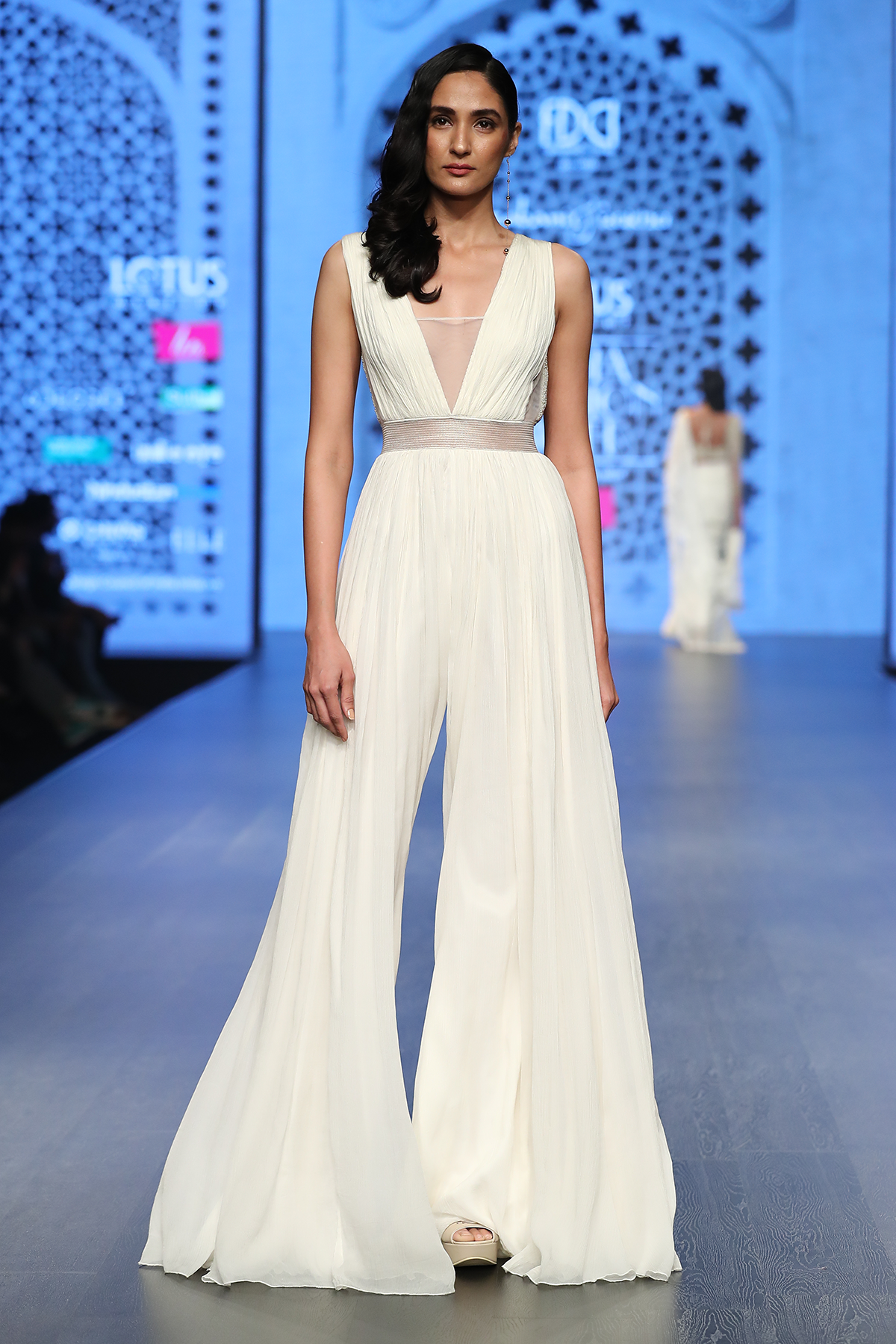 Ivory Chiffon Roughed Jumpsuit W. Green Tassels At Back