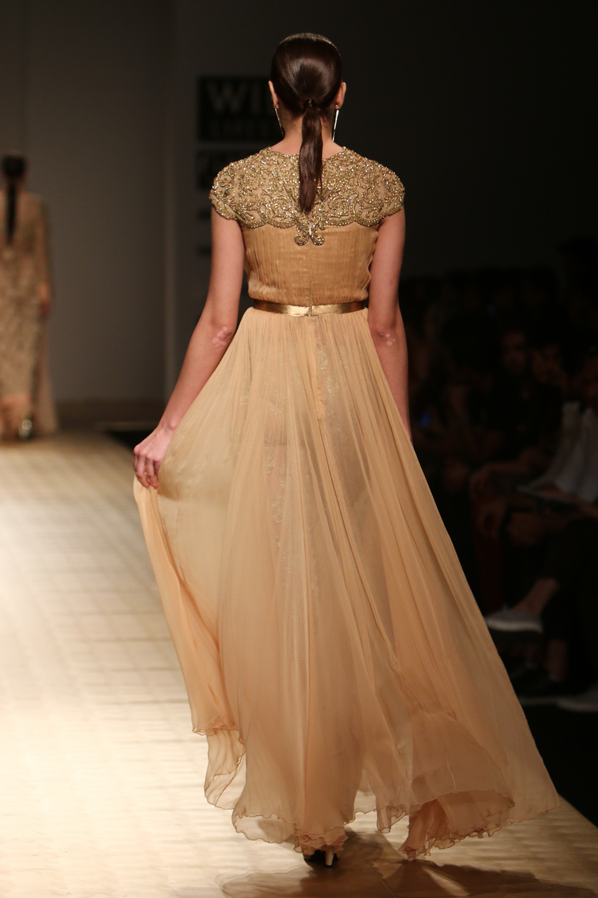 Gold Roughed Chiffon with Ons-13 Jewel Neck And Shoulder Yoke Gown with Booti Churi Trouser
