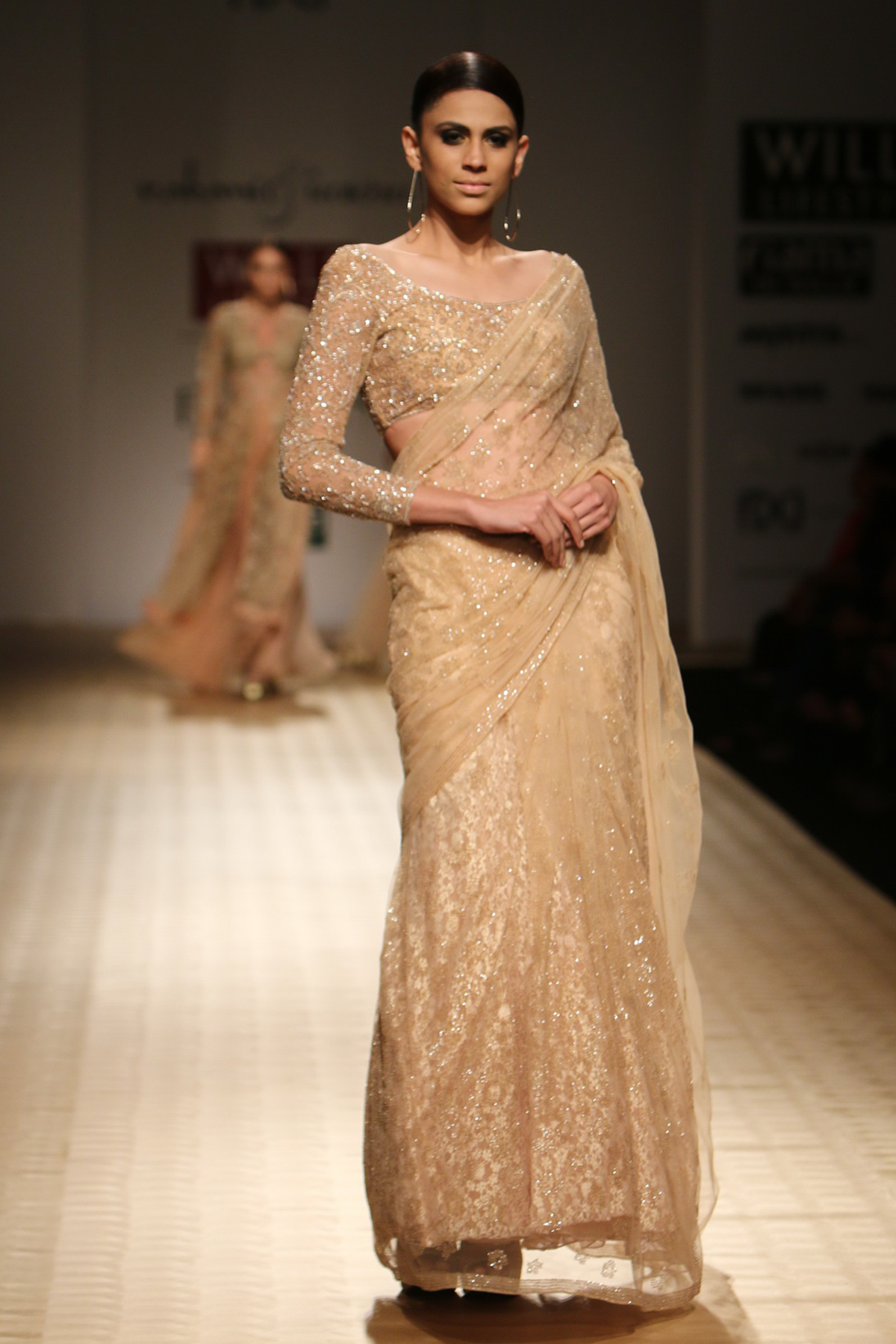 Sun Kissed Peach Net Meter Sari Kadhai With Lace Crino Petticoat with Full Sleeves Blouse Set