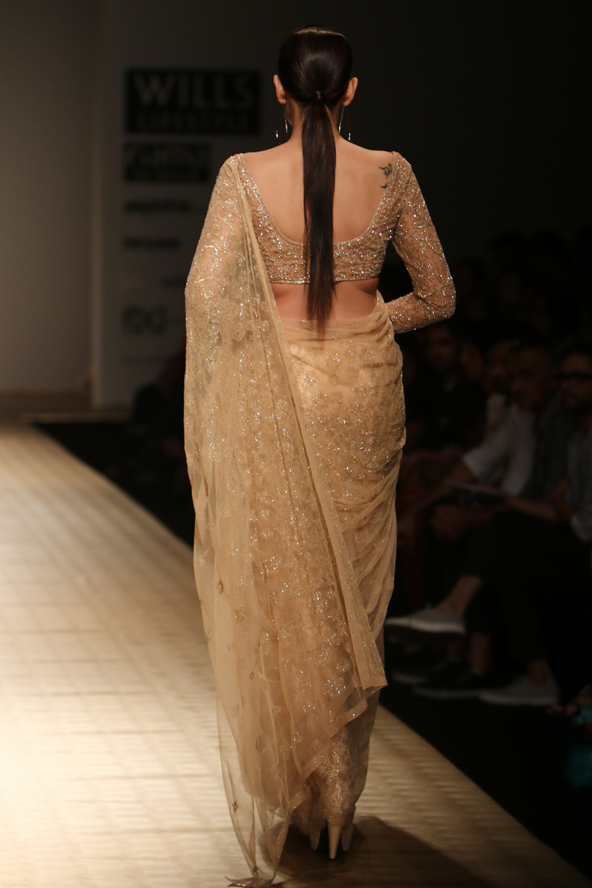 Sun Kissed Peach Net Meter Sari Kadhai With Lace Crino Petticoat with Full Sleeves Blouse Set