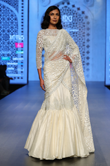 Ivory Net Blouse W. Tone On Tone Fully Hand Embroidery W/Heavy Net Drape W.Silk Dupion Skirt