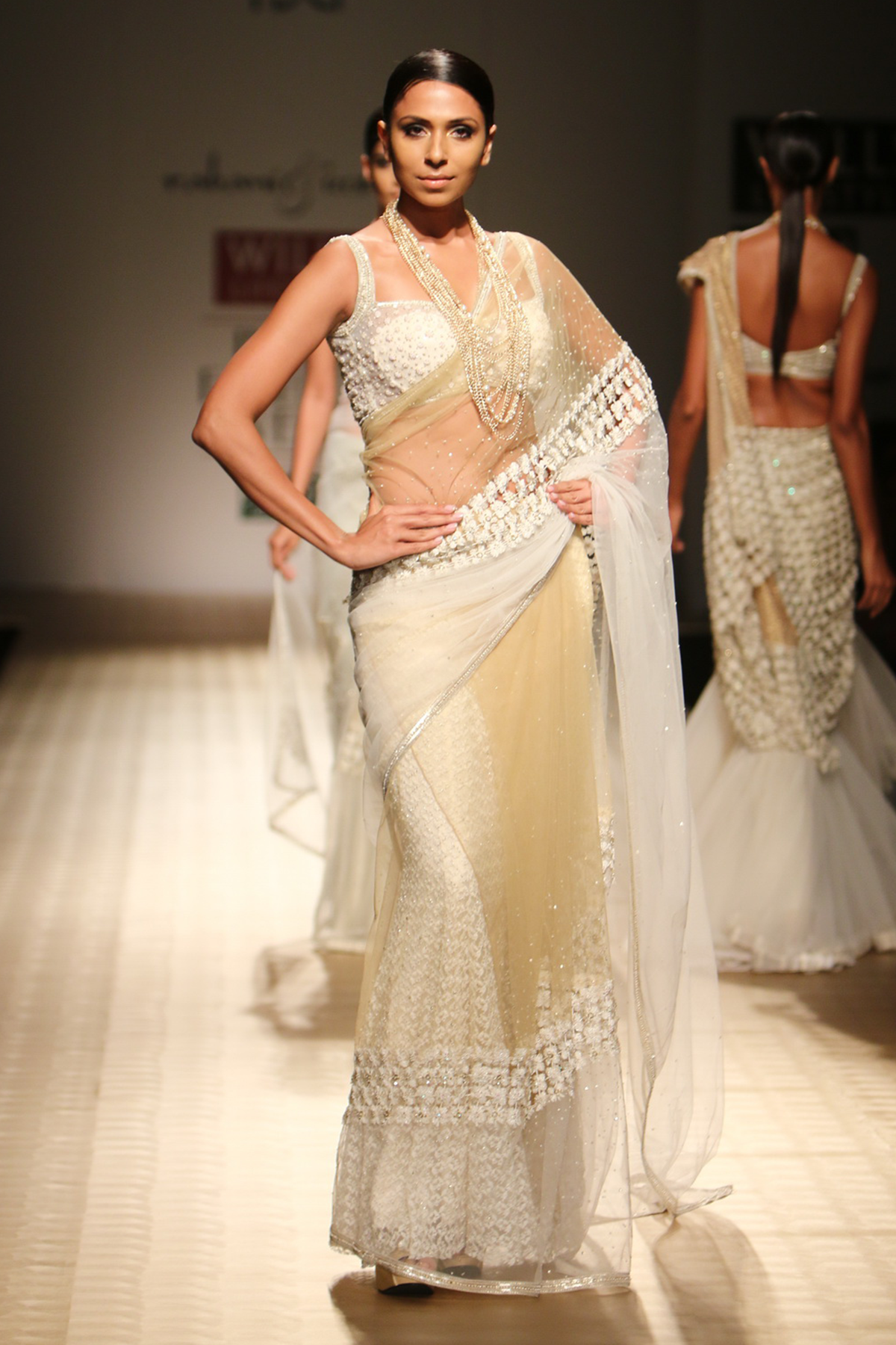 1/2 Ivory 1/2 Gold Net Meter Flower Sari with Beaded Lace Petticoat with Bustier Blouse