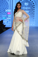 Ivory Net Fully Hand Embroidered Drape W. Lace Lehenga Saree/Lace Crino Petticoat Lace Bustier With Emerald Tassles