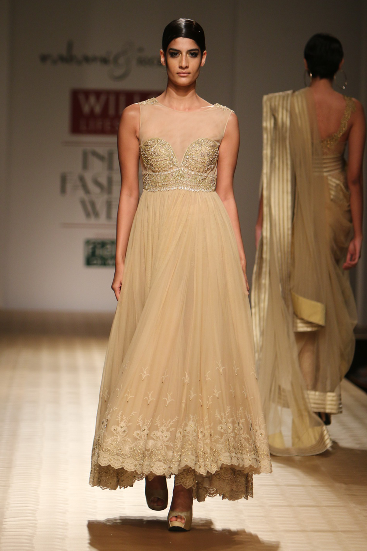 Gold Lace Poof Net Jgj-8 B Bustier + Jgj-2 B Yoke Anarkali Set with Lace Churi Trouser