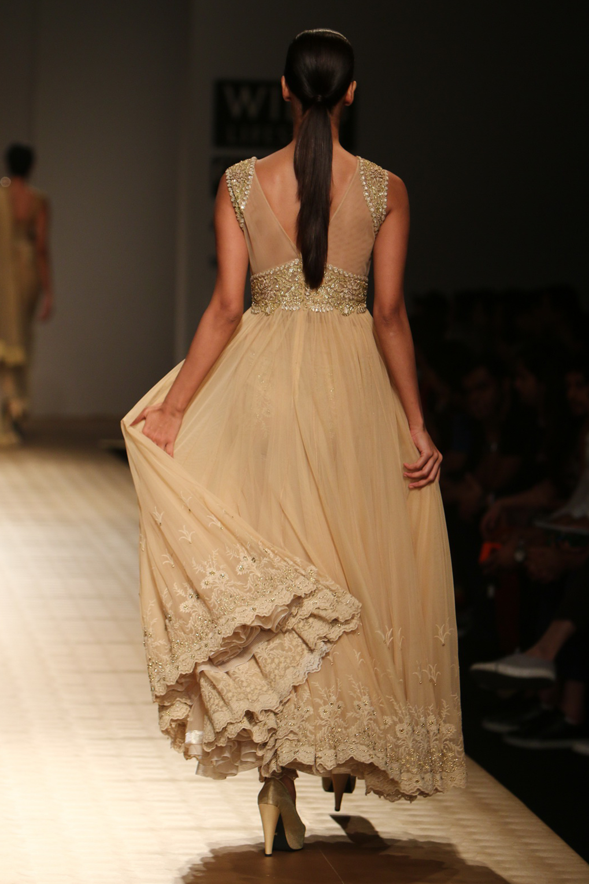 Gold Lace Poof Net Jgj-8 B Bustier + Jgj-2 B Yoke Anarkali Set with Lace Churi Trouser