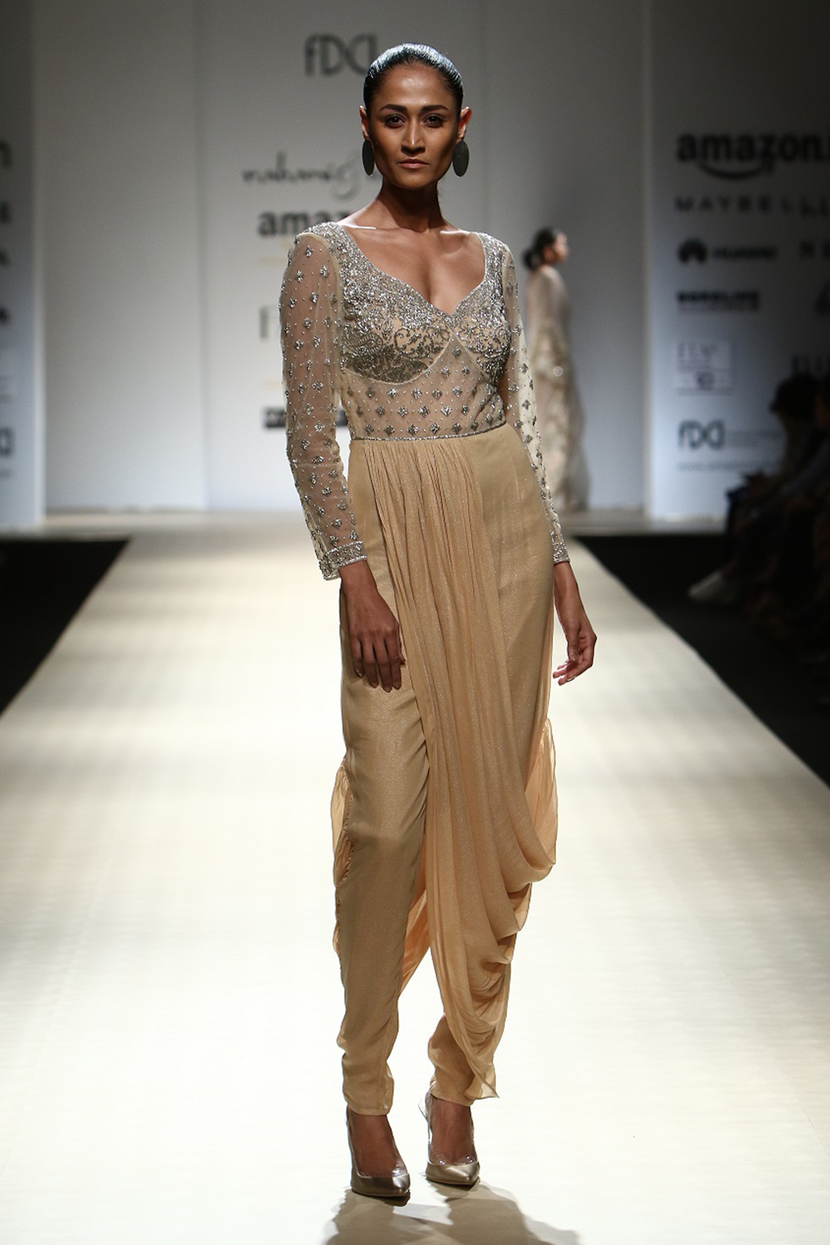 Honey Silver Foil Bop 30 Yoke Blouse W. Foil Dhoti Drape Trouser Gown